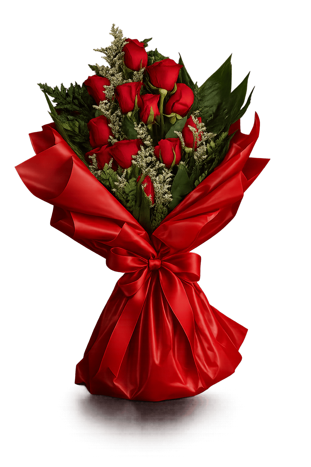 Red Rose Wrapped Bouquet - A bouquet of velvety red roses wrapped in red makes a bold, romantic statement-perfect as an anniversary bouquet, a Valentine's Day gift, or perfect for events and ceremonies. Small white filler accents peek between the blooms and dark green foliage frames each rose, so they'll feel adored the moment the satin bow is untied.  Choose from classic, deluxe, or premium sizes: one dozen red roses in the standard wrapped bouquet, 18 roses for the deluxe, and 24 roses for the premium. The tall, polished presentation-rich red satin wrap and matching satin bow-gives this arrangement a formal, celebratory feel while the contrasting white accents and deep greenery keep it feeling fresh and elegant.