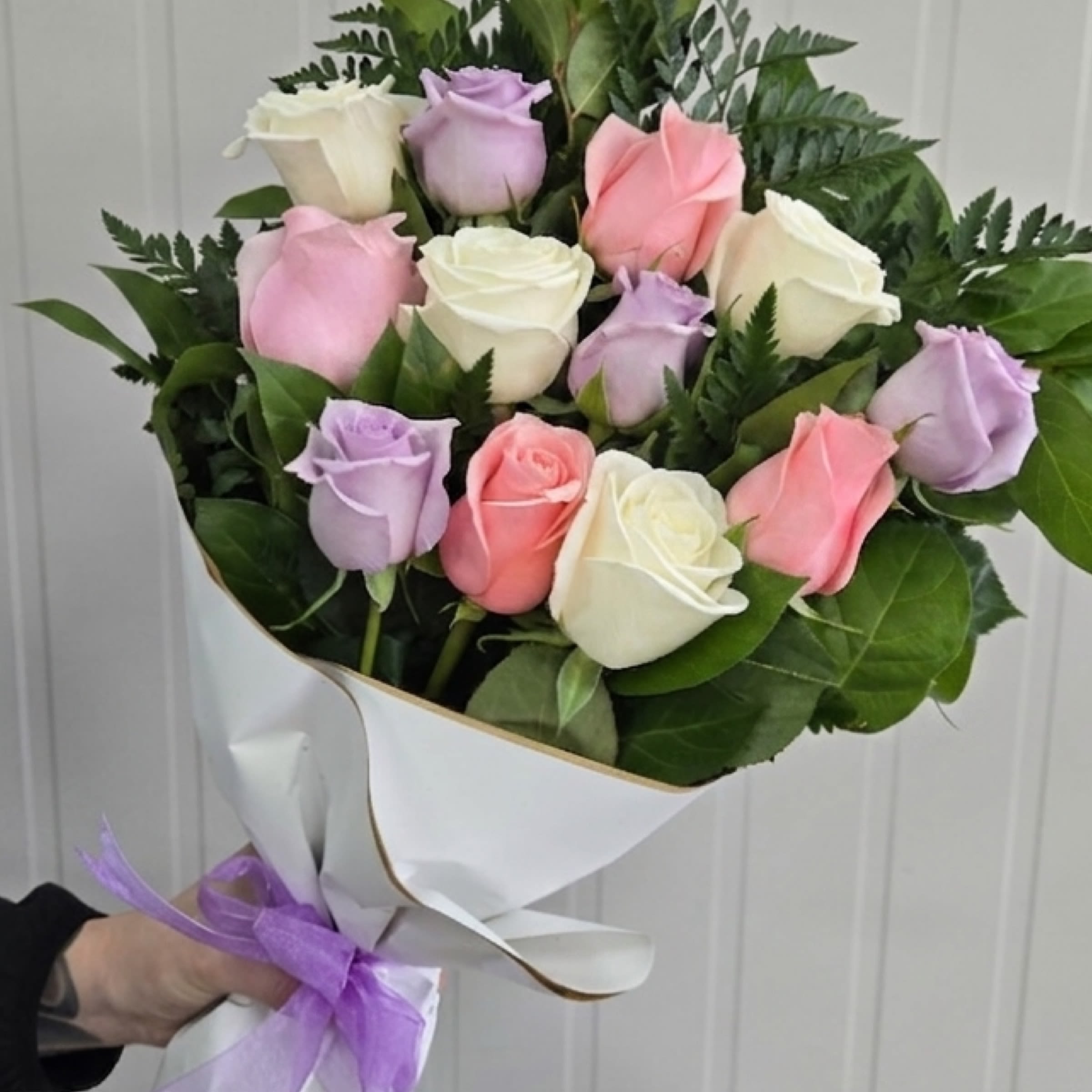 Wrap- Pastel Dozen Roses - This Item includes Rose's and Greenery, Wrapped in Paper and a Matching Bow. Vase Not Included