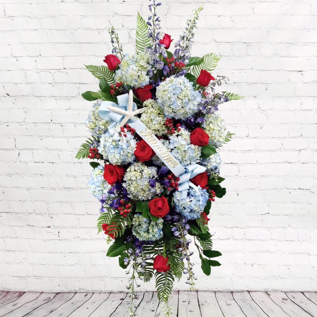 Sympathy: Standing Spray Cape Cod  - This Spray has Hydrangeas, Roses and a Starfish Accent. 