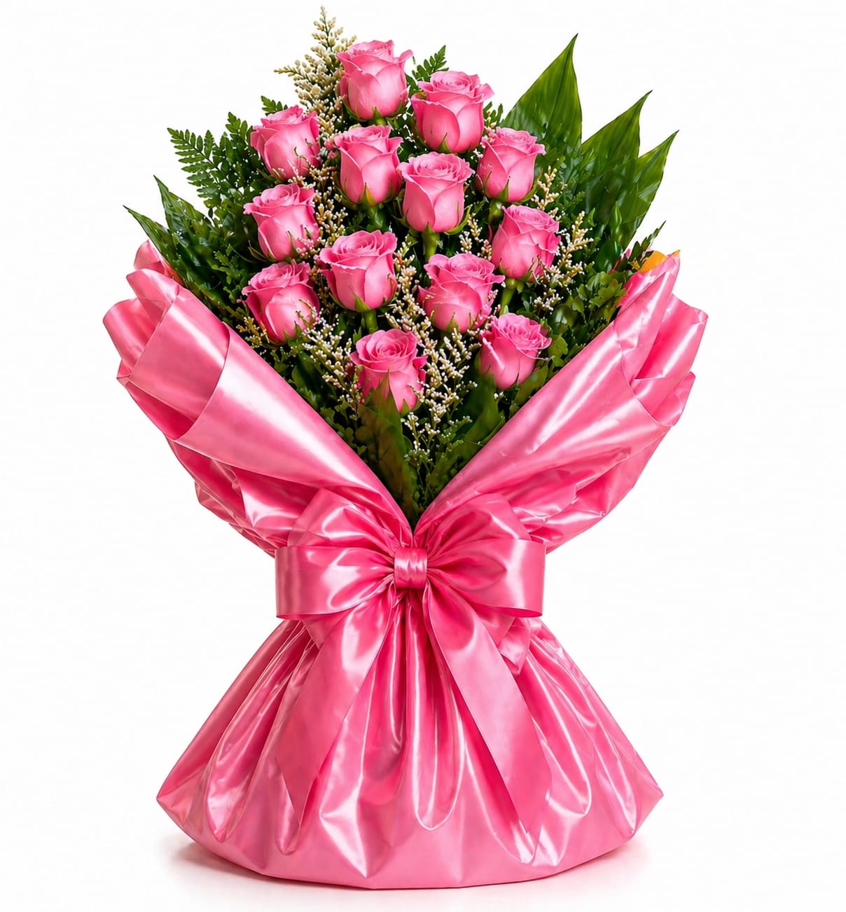 Pink Wrapped Rose Bouquet - A bouquet of gorgeous pink roses wrapped in pink paper makes a bold, romantic statement-perfect as an anniversary bouquet, a Valentine's Day gift, or perfect for events and ceremonies. Small white filler accents peek between the blooms and dark green foliage frames each rose, so they'll feel adored the moment the satin bow is untied.  Choose from classic, deluxe, or premium sizes: one dozen roses in the standard wrapped bouquet, 18 roses for the deluxe, and 24 roses for the premium.