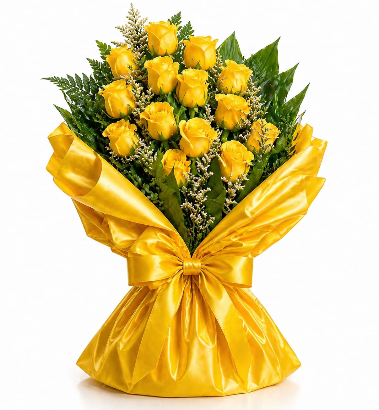 Yellow Wrapped Rose Bouquet - A bouquet of gorgeous Yellow roses wrapped in yellow paper makes a bold, romantic statement-perfect as an anniversary bouquet, a Valentine's Day gift, or perfect for events and ceremonies. Small white filler accents peek between the blooms and dark green foliage frames each rose, so they'll feel adored the moment the satin bow is untied.  Choose from classic, deluxe, or premium sizes: one dozen roses in the standard wrapped bouquet, 18 roses for the deluxe, and 24 roses for the premium.