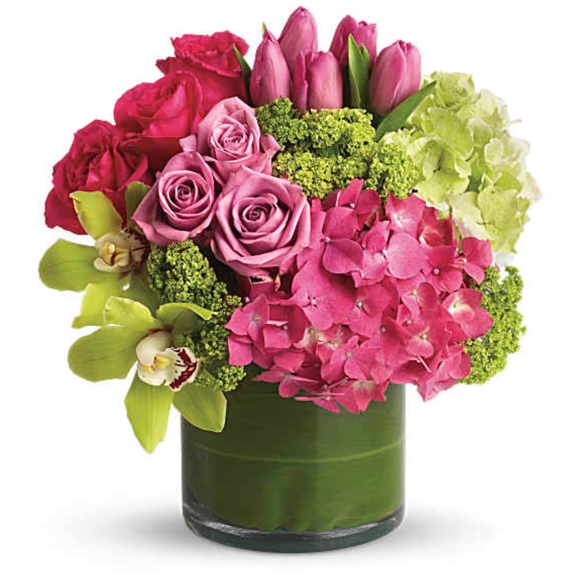 New Sensations Bouquet  - Like a girl's getaway to the tropics! Feminine flowers in tropical pastels brighten her day - and her feng shui. She'll love the beautiful serenity and balanced, Zen-like feel of the lush pink and green blooms. A wide array of pink and green flowers are presented in a clear glass cylinder vase that's lined with green ti leaves. Blooms include green hydrangea, pink hydrangea, green cymbidium orchids, hot pink roses, lavender roses, pink tulips and green viburnum. Orientation: All-Around  SUBSTITUTION POLICY – Always deliver the freshest flowers! Please note the bouquet pictured reflects our original design.  If the exact flowers or container in this arrangement are not available, our local florists will create a beautiful bouquet with the freshest available flowers.