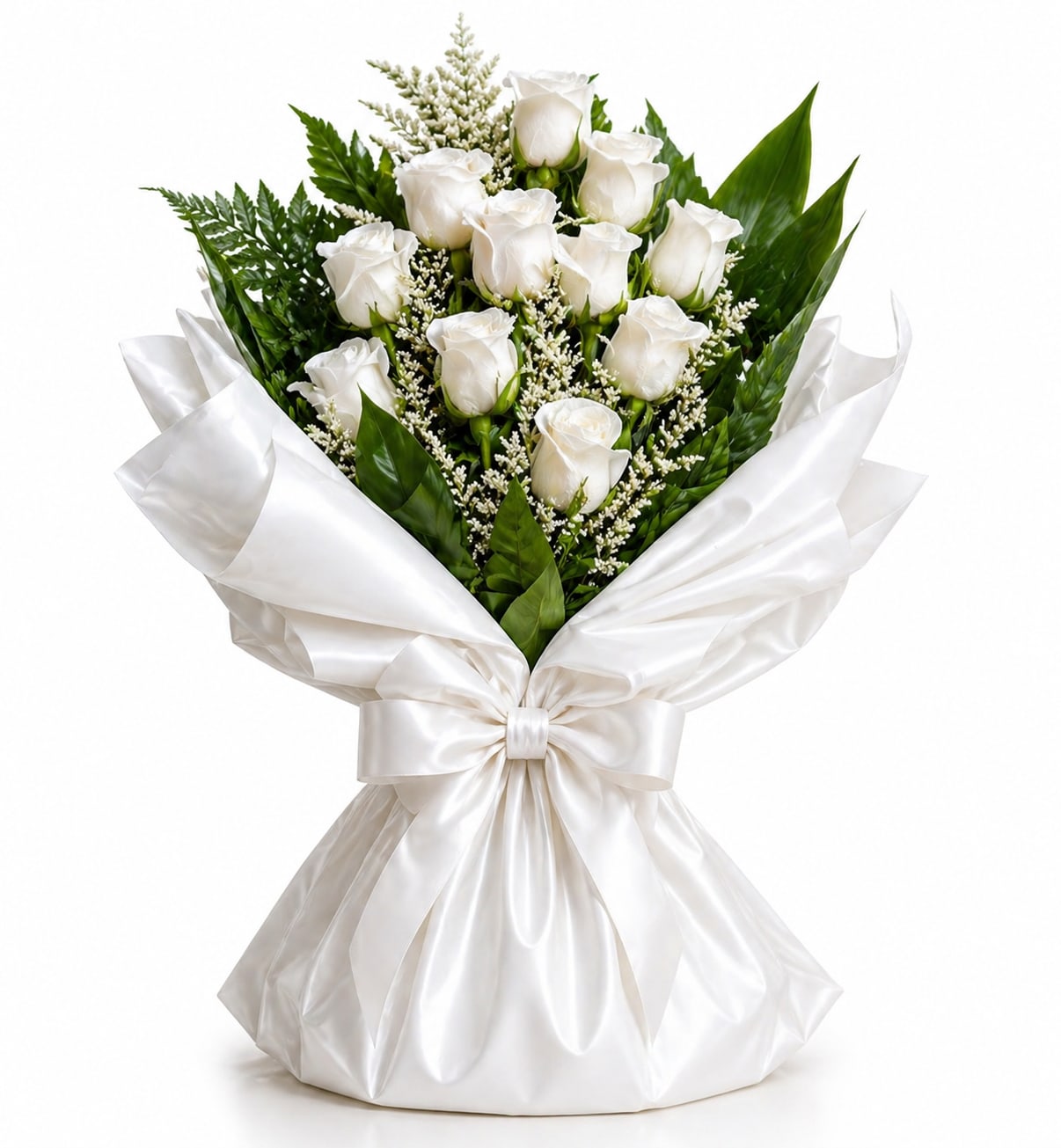 White Wrapped Rose Bouquet - A bouquet of gorgeous white roses wrapped in white paper makes a bold, romantic statement-perfect as an anniversary bouquet, a Valentine's Day gift, or perfect for events and ceremonies. Small white filler accents peek between the blooms and dark green foliage frames each rose, so they'll feel adored the moment the satin bow is untied.  Choose from classic, deluxe, or premium sizes: one dozen roses in the standard wrapped bouquet, 18 roses for the deluxe, and 24 roses for the premium.