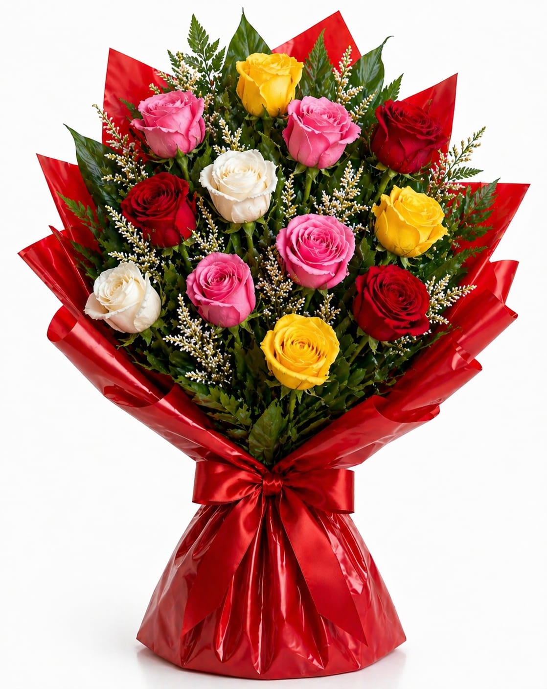 Mixed Wrapped Rose Bouquet - A bouquet of gorgeous pink white red and yellow roses wrapped in paper makes a bold, romantic statement-perfect as an anniversary bouquet, a Valentine's Day gift, or perfect for events and ceremonies. Small white filler accents peek between the blooms and dark green foliage frames each rose, so they'll feel adored the moment the satin bow is untied.  Choose from classic, deluxe, or premium sizes: one dozen roses in the standard wrapped bouquet, 18 roses for the deluxe, and 24 roses for the premium.