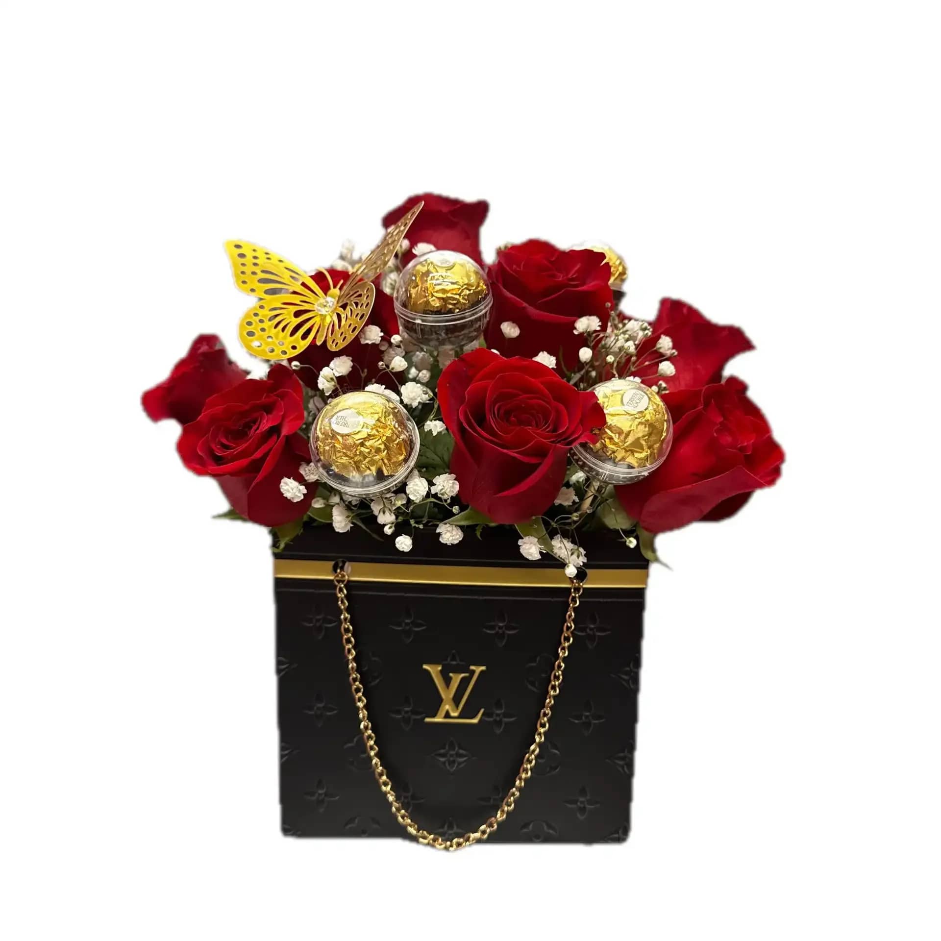 BLACK FLOWER BAG CHOCOLATES  - 10 RED ROSES WITH 5 FERRO ROCHER CHOCOLATES BAG COLOR STAYS THE SAME (THE LOGO WILL DIFFER DEPENDING ON SUPPLY)