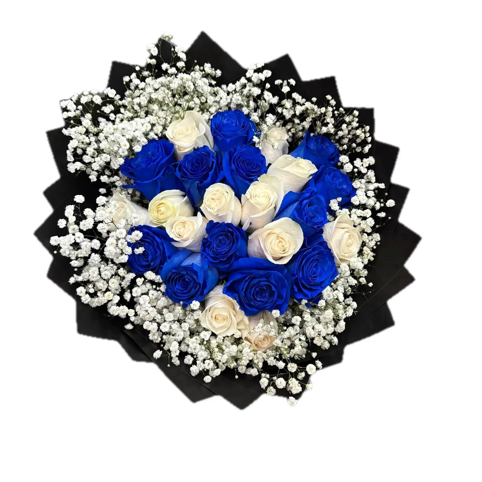 BUCHON GEORGE - 24 BLUE AND WHITE ROSES  BLACK PAPER (THE DESIGN WILL VARY DEPENDING ON SUPPLY)