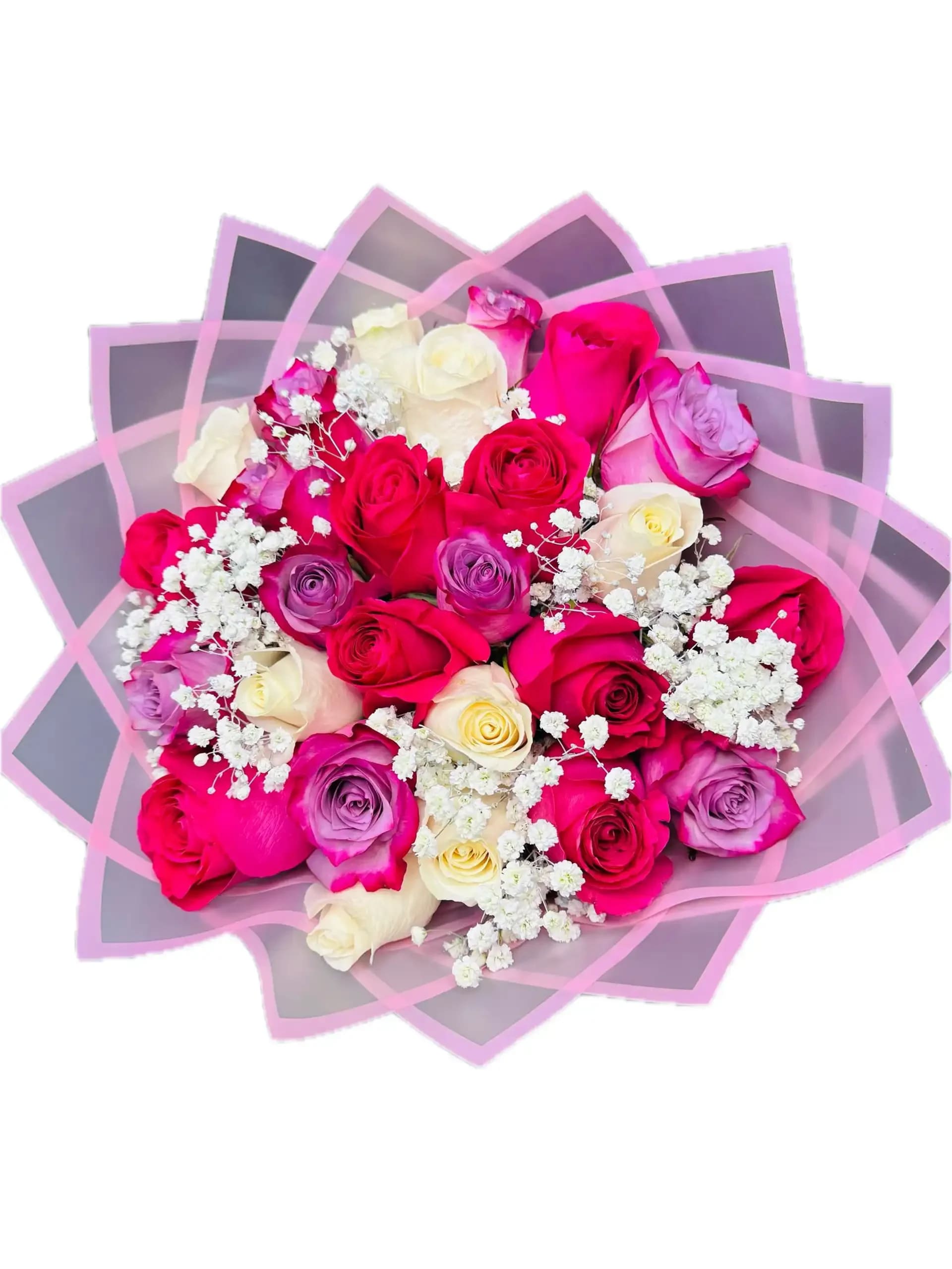 BUCHON MIA - 24 WHITE, PINK, PURPLE ROSES  PINK PAPER (THE DESIGN WILL VARY DEPENDING ON SUPPLY) BABYBREATH 