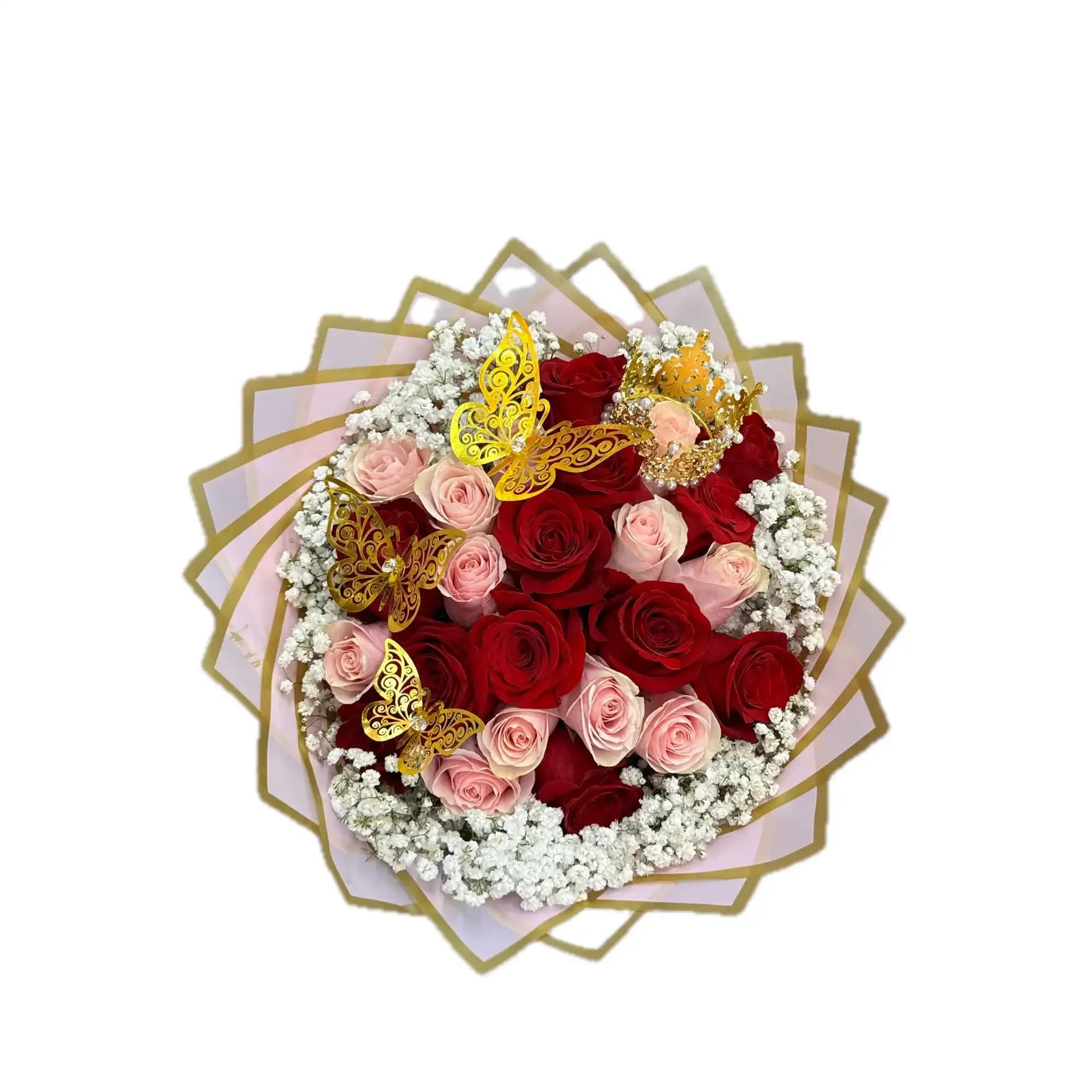 DELIGHT BOUQUET - 24 RED AND PINK ROSES BABYBREATH 3 GOLDEN BUTTERFLIES GOLDEN CROWN PINK GOLD PAPER ( THE DESIGN OF PAPER WILL VARY)