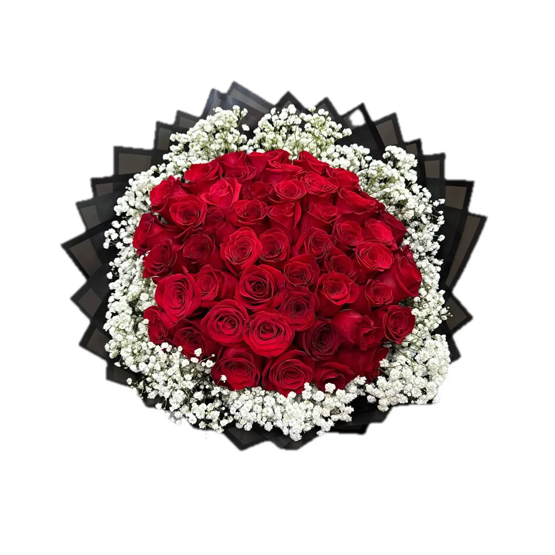 DEVIOUS BOUQUET - 50 RED ROSES  BABYBREATH  BLACK PAPER