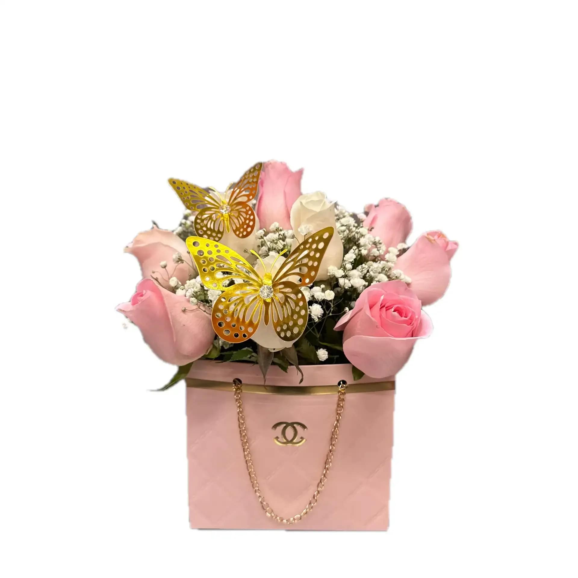 FLOWER PINK AND WHITE ROSES BAG - 10 PINK AND WHITE ROSES  PINK BAG (THE BAG LOGO WILL DIFFER DEPENDING ON SUPPLY IF ANY QUESTIONS CONTACT US.) 2 GOLDEN BUTTERFLIES