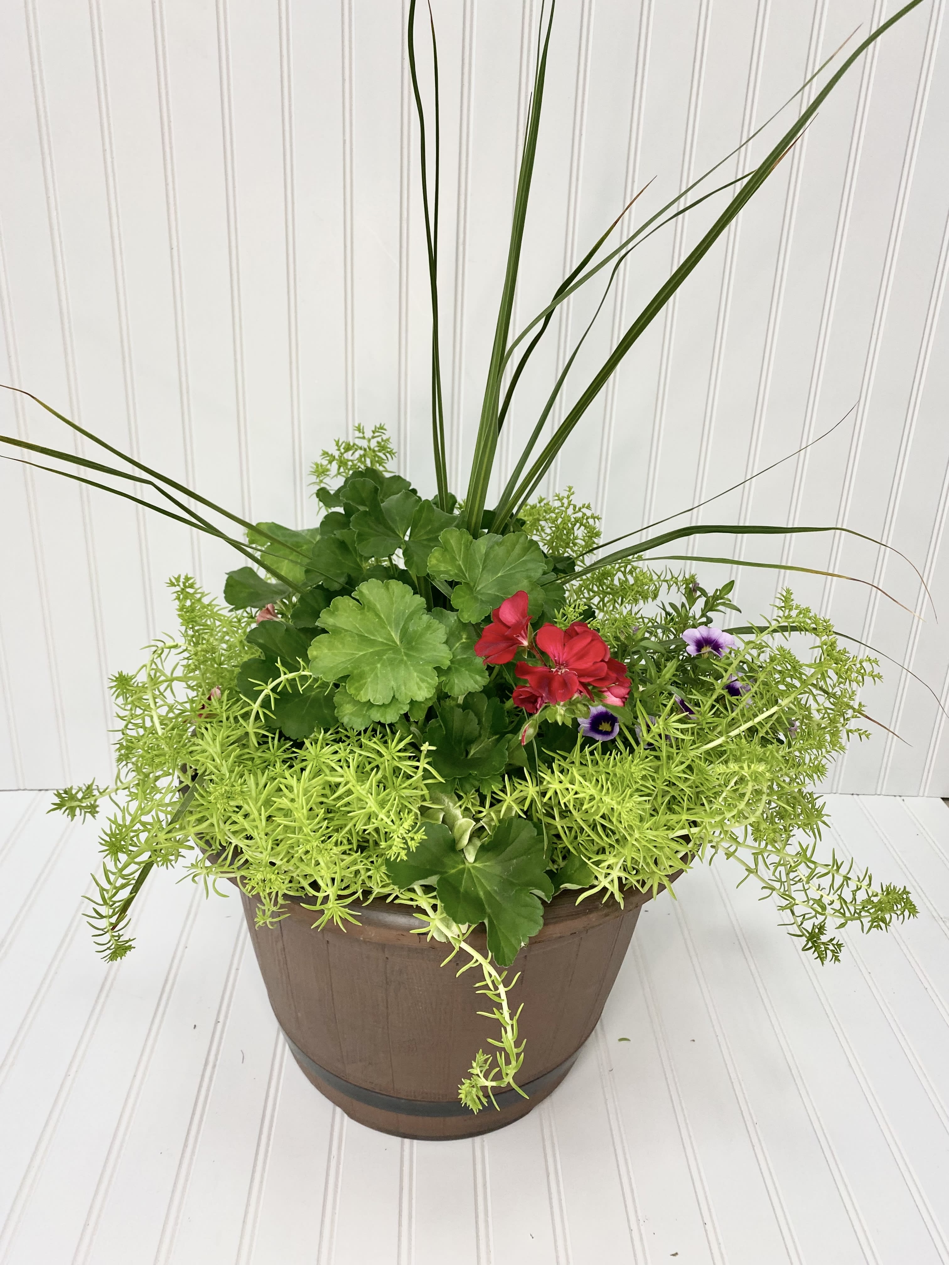 Ida’s Delight - Hand planted and grown from seed by our Amish friends Ida and Simon. Lush and healthy looking planters for your patio. Variety of flowers flowers for shade and sun. 