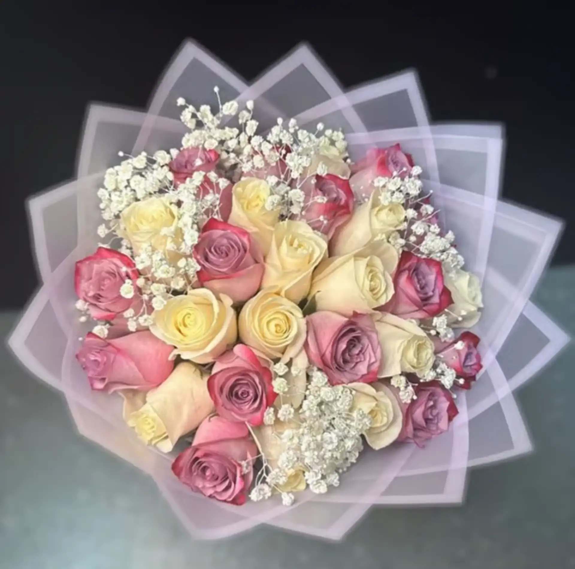 SOFT TWILIGHT BOUQUET - 25 PURPLE ROSES AND WHITE ROSES WHITE PAPER (THE DESIGN OF PAPER WILL VARY DEPENDING ON SUPPLY)