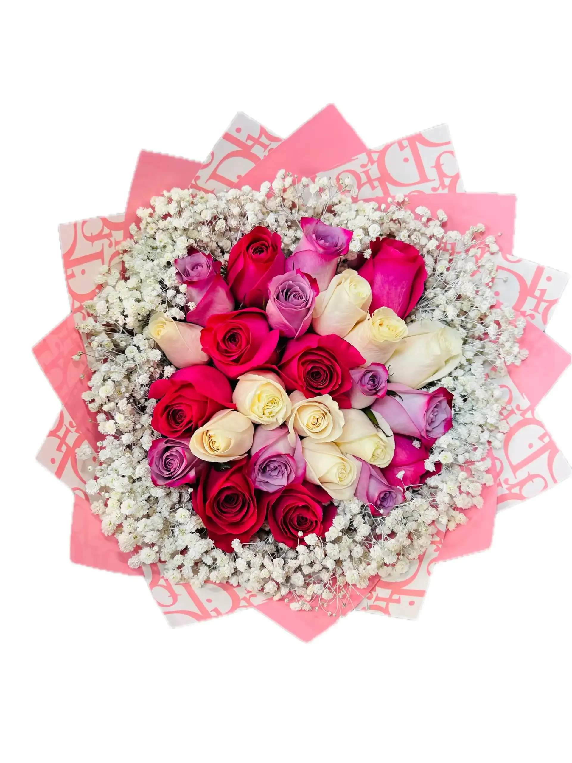 MIXED COLORS BOUQUET - 25 PURPLE, HOT PINK, WHITE, LIGHT PINK ROSES. BABYBREATH PINK PAPER (THE DESIGN OF PAPER WILL DIFFER DEPENDING ON SUPPLY)