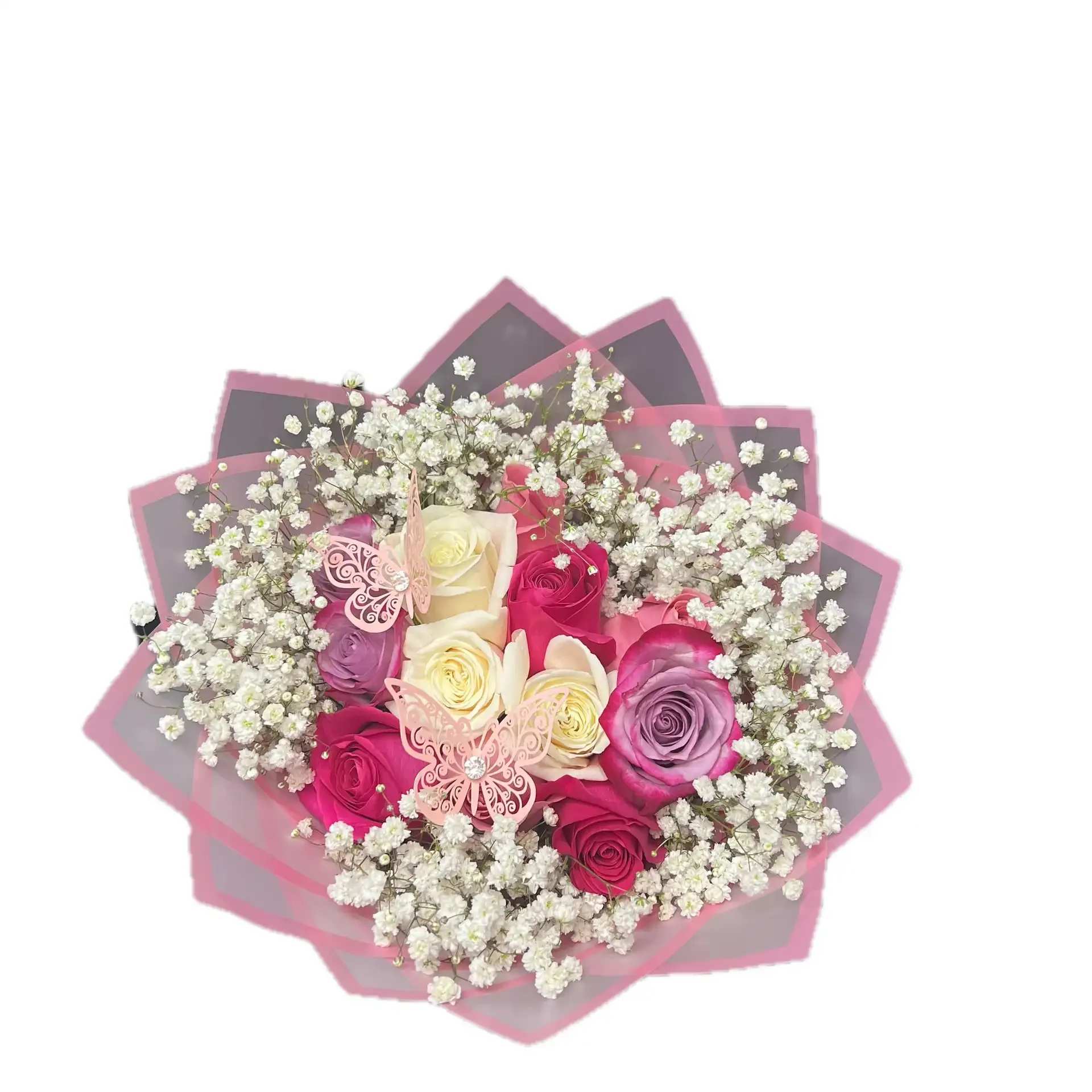 MINI BUCHON MIA - 12 HOT PINK, WHITE, PURPLE, LIGHT PINK PINK PAPER ( PAPER DESIGN WILL VARY DEPENDING ON THE SUPPLY) BABYBREATH 2 GOLDEN BUTTERFLIES