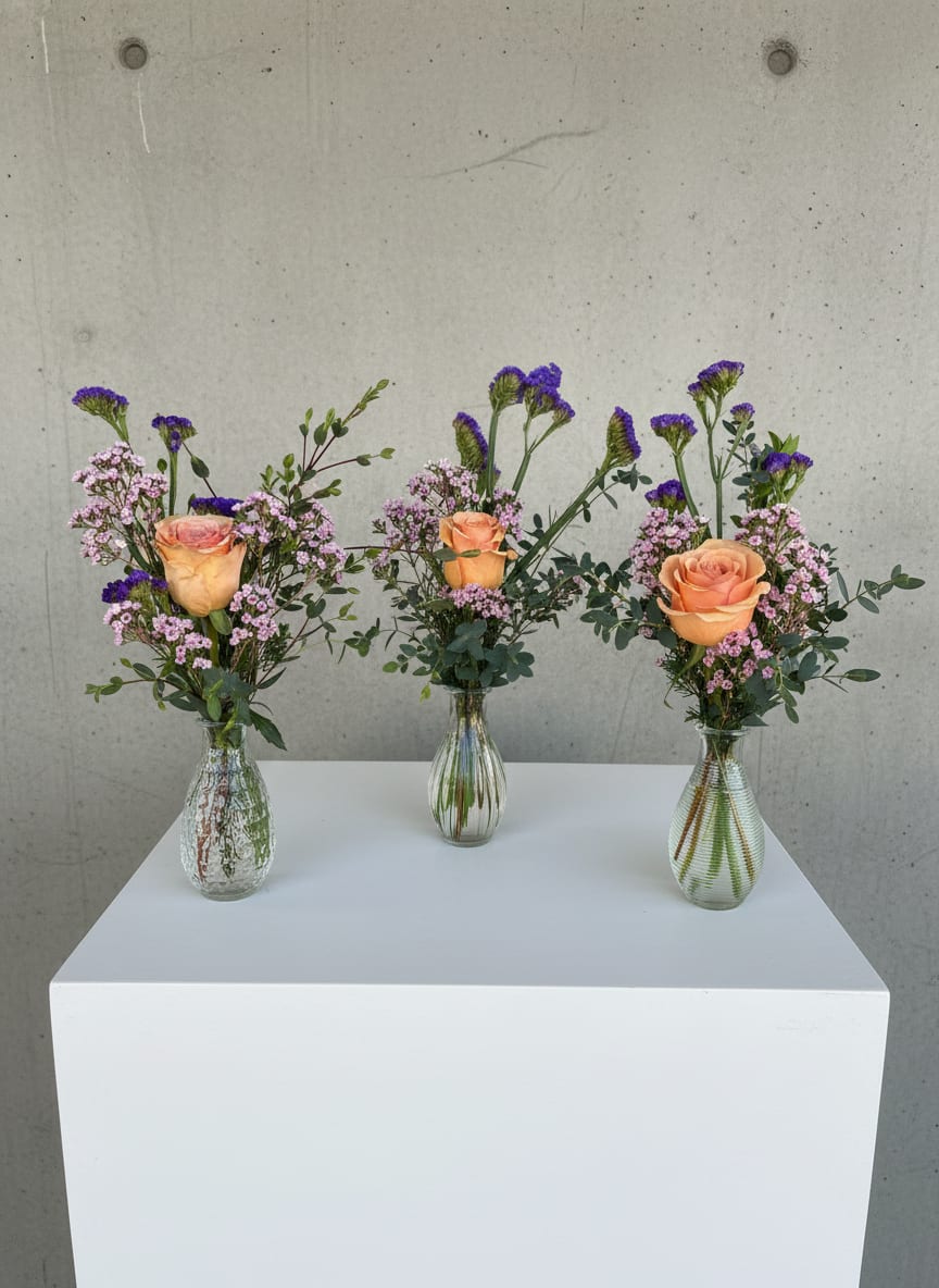 4 Budvases - Inspired by those who keep the workplace running like a well oiled machine, this bud vase trio is an affordable sentiment to a single person or can be split between a team.  Each bud vase is filled with focal flowers and fillers in a beautiful color theme.
