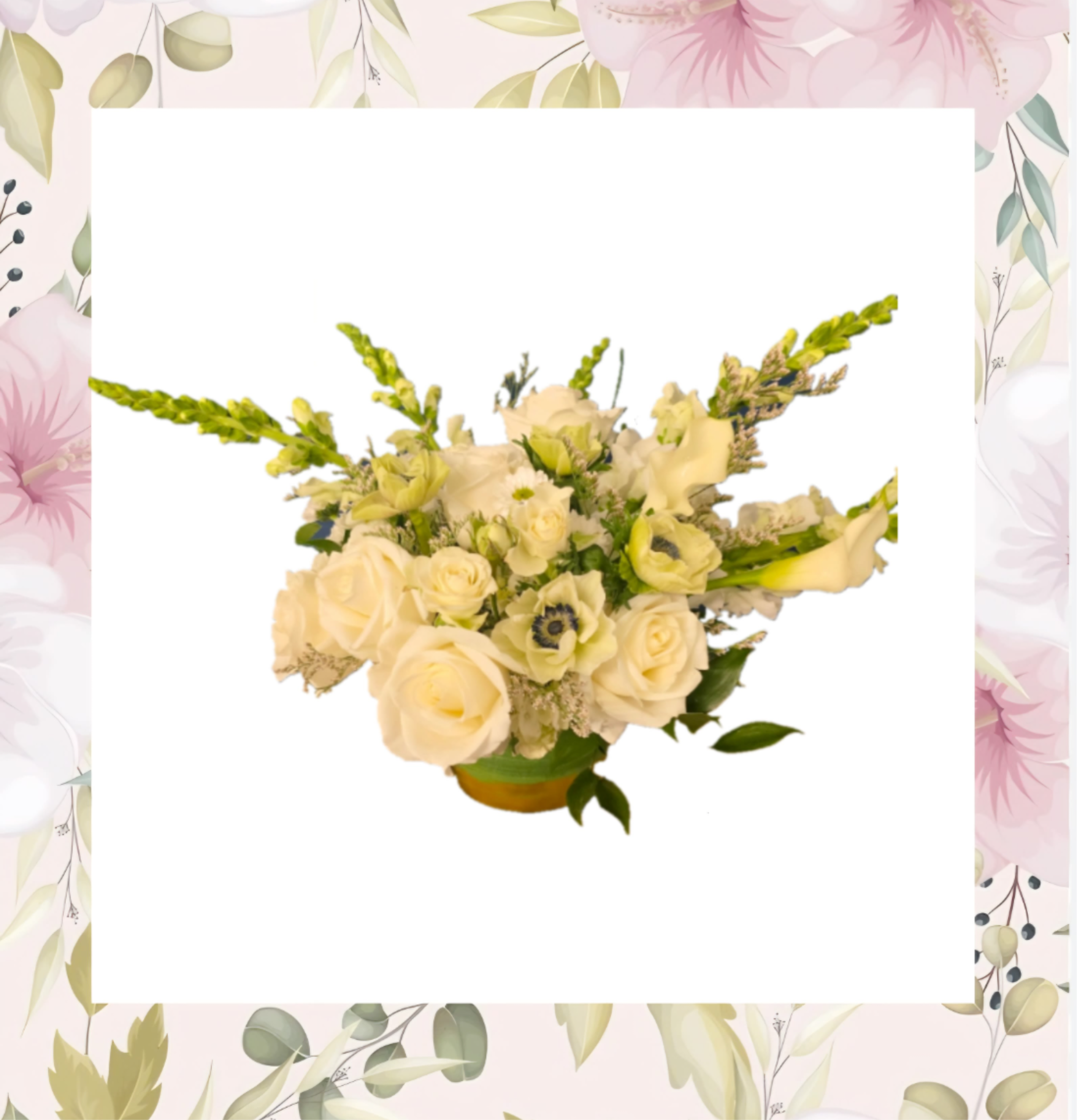 Cream rose bouquet with white calla lilies in a low container
