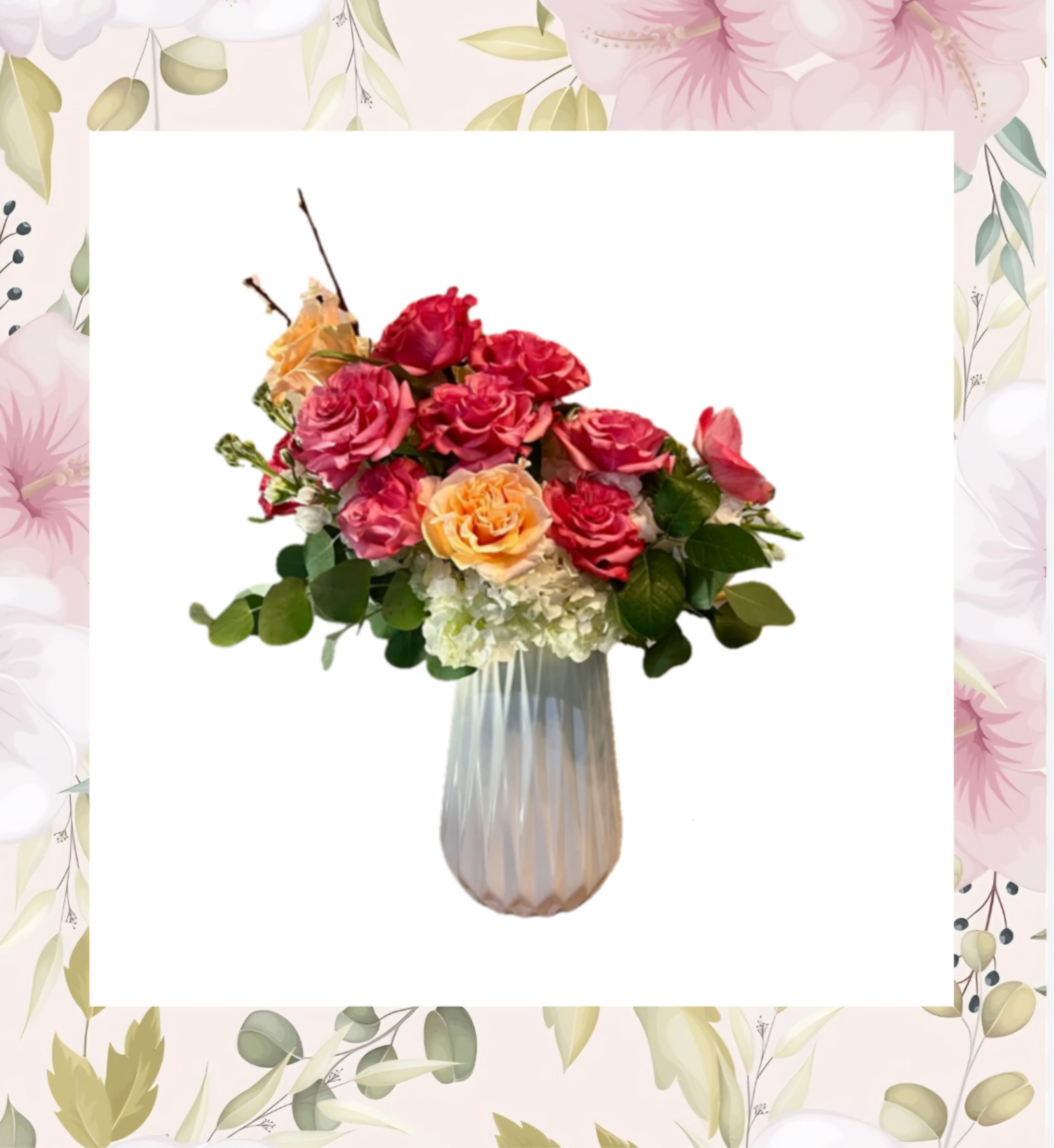 Faith Hope and Lovely - Faith Hope and Lovely consists of large seasonal roses, white hydrangea, chrysanthemums, stock, and seasonal filler in a tall ceramic vase.