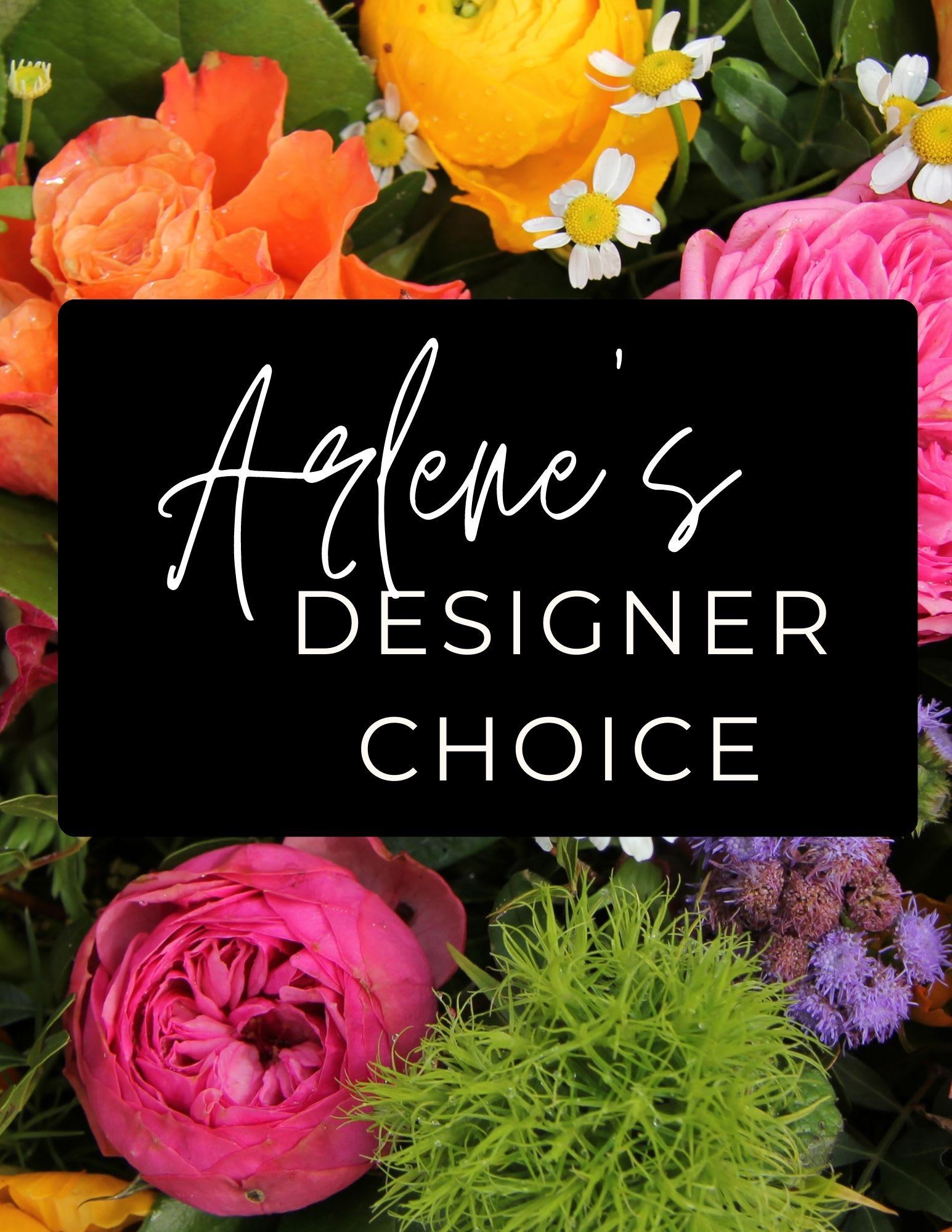 Designer choice floral arrangement with pink, orange, and yellow blooms