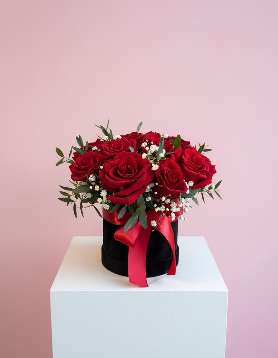 Red roses arranged in a black hatbox with a red ribbon