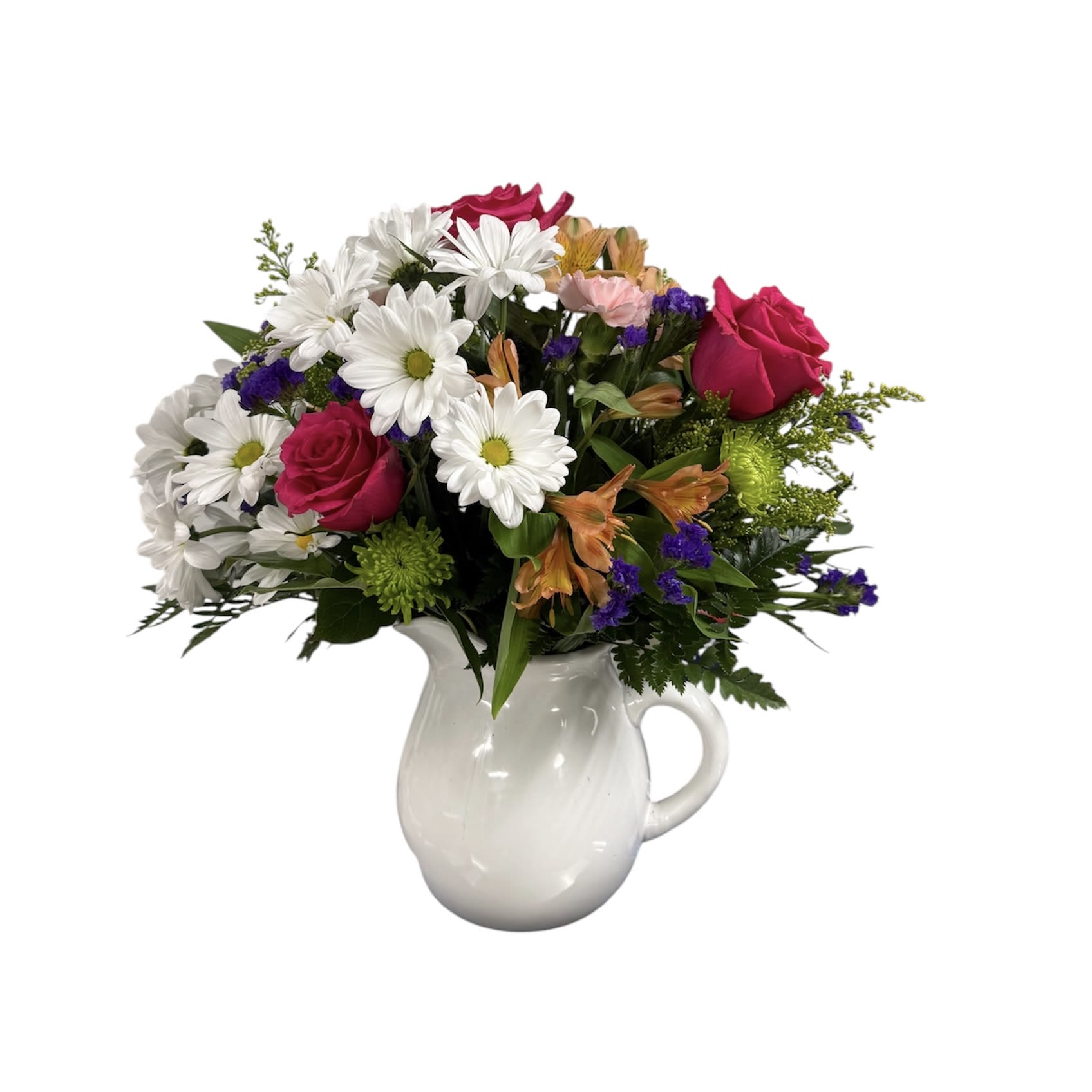 Garden Pitcher Arrangement - A lively cluster of white daisies and bright pink roses arranged in a white ceramic pitcher - this Garden Pitcher arrangement makes a cheerful birthday bouquet or a heartfelt thank-you gift that feels just like a friendly visit. The mix of orange alstroemeria and small purple accents lifts the palette, so the person you're thinking of will feel genuinely noticed by the playful, homey colors and rounded, full composition.  