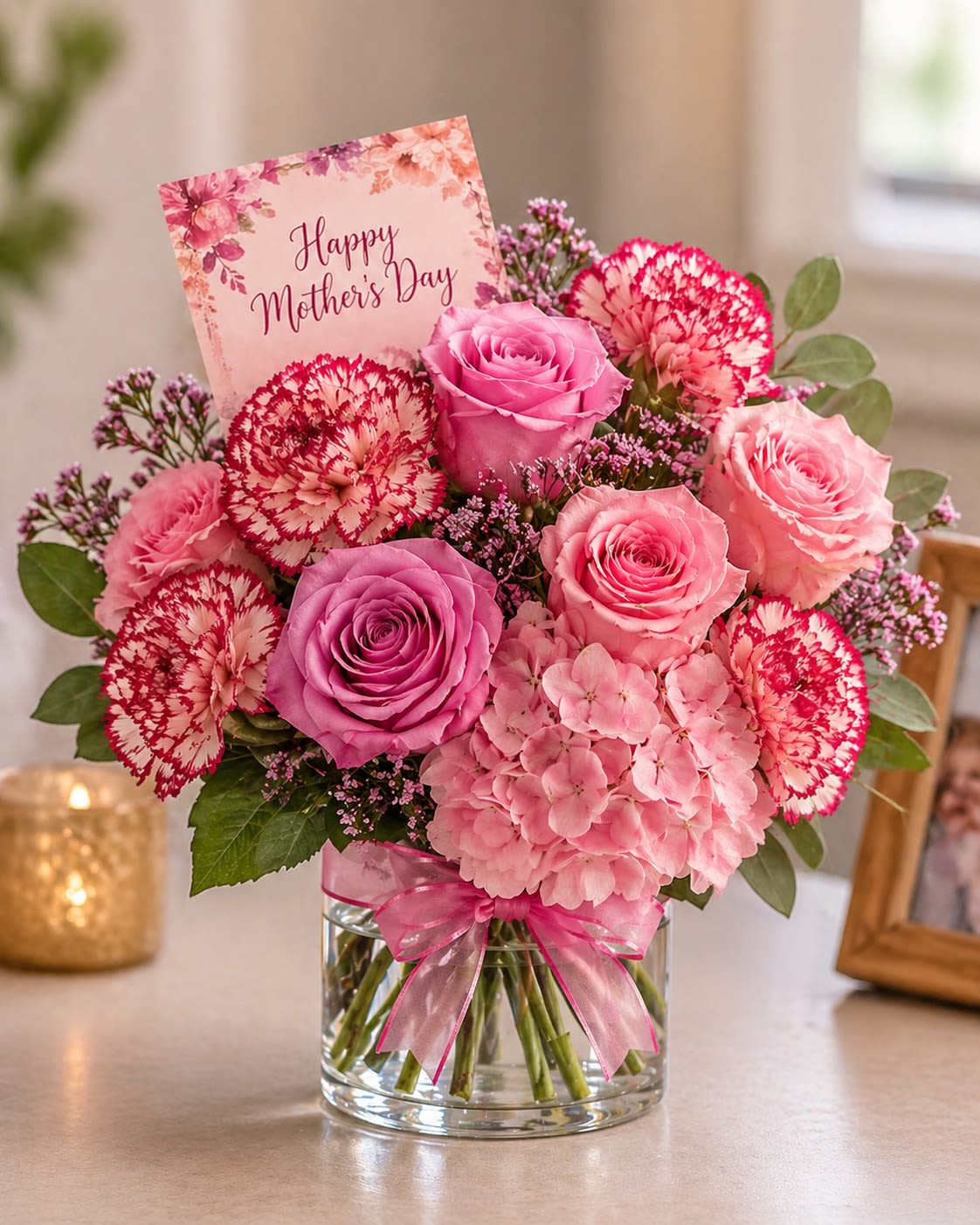 Sweetheart Blooms  - A bright and cheerful mix of pink roses, bicolored carnations, and soft hydrangea, accented with delicate filler and fresh greenery. Designed in a clear glass vase with a sweet ribbon detail, this arrangement is full of charm and perfect for celebrating someone special. Please note, the final product will be an inspiration of this photo. 