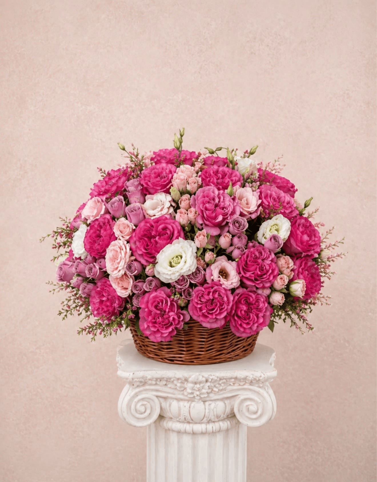Basket arrangement of pink and white roses on a pedestal