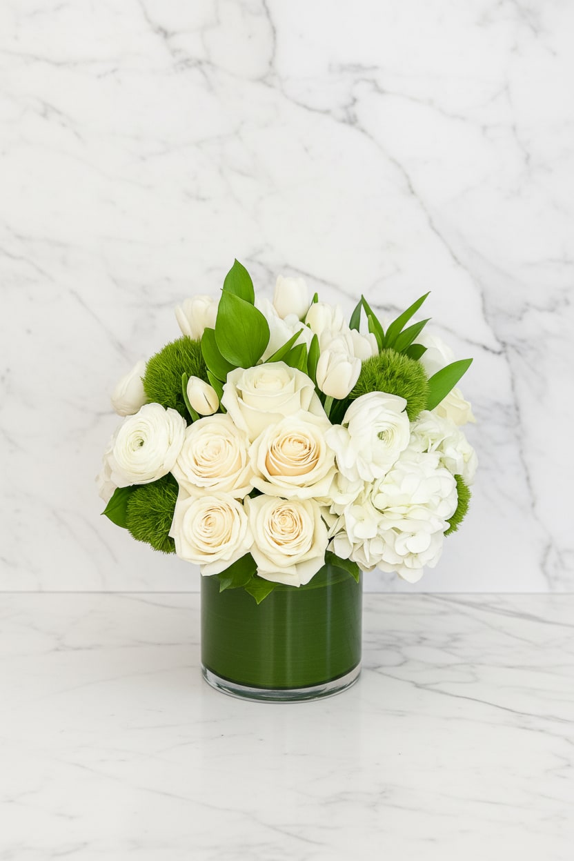 Modern Elegance - Clean, timeless, and effortlessly refined, Modern Elegance embodies sophistication in every petal. This luxurious white arrangement features roses, tulips, hydrangea, and lush greens designed in a sleek glass vase. Perfect for modern spaces, weddings, or sending a thoughtful gift of pure beauty.  Perfect for: weddings, sympathy, corporate gifts, or minimalist decor.