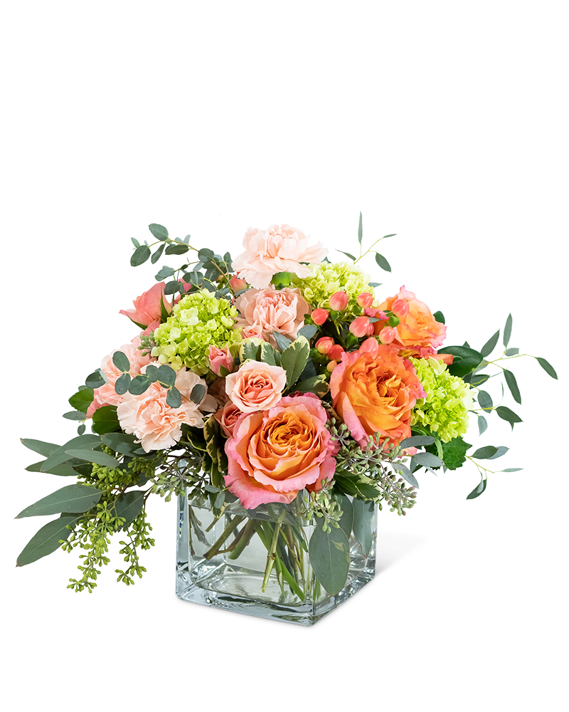 Sweet Charlotte - Looking for the perfect birthday or new baby gift? Make someone's day with the creatively designed Sweet Charlotte arrangement. Its highlighted flowers include Free Spirit Roses, peach carnation, hypericum berries, peach spray roses, mini green hydrangea, and different varieties of eucalyptus. It's a great gift for a friend for any occasion.