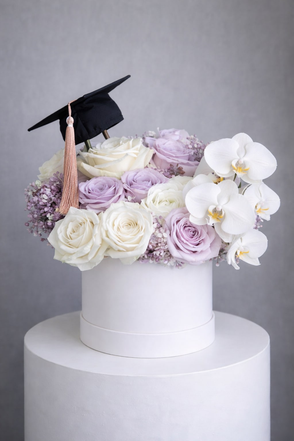 Lavender Graduation Luxe – White Box - An elegant floral arrangement featuring premium white and lavender roses, accented with soft purple orchids and delicate filler flowers, beautifully presented in a modern white keepsake box. Finished with a graduation cap detail, this design celebrates achievements with a refined and graceful touch.  This arrangement blends softness and sophistication, creating a timeless look perfect for meaningful moments.  Bouquet will be delivered approximately as shown in the picture. Flower varieties and shades may vary based on availability while maintaining the overall style, color palette, and quality.  Same-day flower delivery available in Southwest Florida, including Naples, Bonita Springs, and Fort Myers Beach.  Best for: Graduation gifts