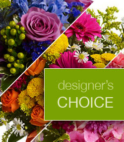 Collage of colorful mixed flower bouquets with a designer's choice label