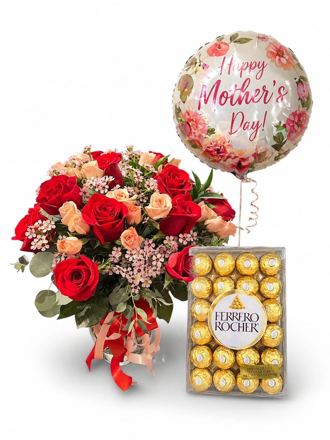 Mother’s Rose &amp; Gold Set - Celebrate Mom with timeless elegance through our Mother’s Rose &amp; Gold Set — a beautifully curated gift designed to impress. This arrangement features premium red and light pink roses, softly complemented by delicate fillers and fresh greenery, all styled in a clear vase with refined ribbon accents.  Paired with indulgent Ferrero Rocher chocolates and a festive Mother’s Day mylar balloon, this set delivers a perfect balance of beauty and sweetness. Every detail is thoughtfully arranged to create a polished, gift-ready presentation.  Ideal for Mother’s Day surprises, this set is available for same-day delivery across the Phoenix Metro Area or convenient pickup near Phoenix Airport.