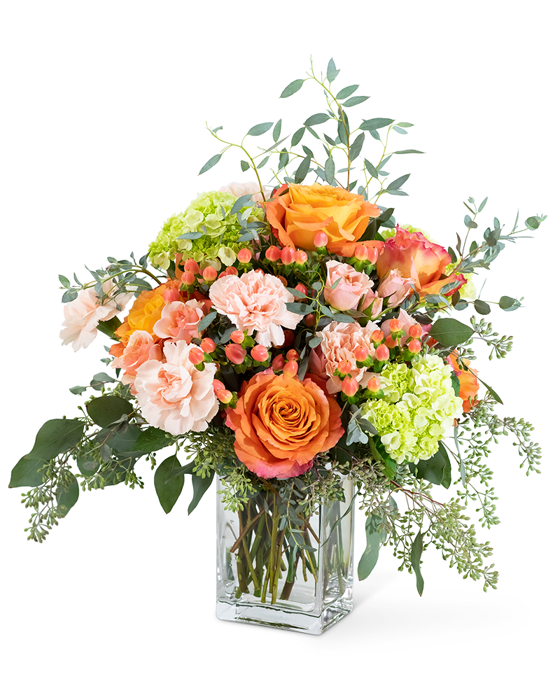 Sweet Caroline - Looking for the perfect birthday or new baby gift? Make someone's day with the creatively designed Sweet Caroline arrangement. Its highlighted flowers include Free Spirit Roses, peach carnation, hypericum berries, peach spray roses, mini green hydrangea, and different varieties of eucalyptus. It's a great gift to send for any occasion.