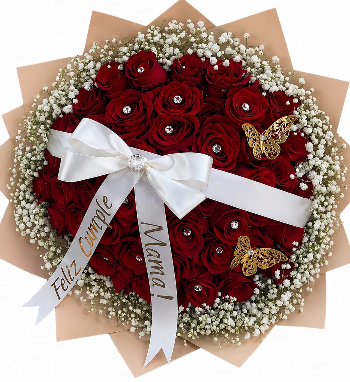 Royal Red Rose Bouquet  - A dense dome of deep red roses makes an immediate statement-perfect as a romantic birthday bouquet, anniversary roses, or a Valentine's Day gift that reads as both classic and thoughtfully styled. The person you send this to will feel adored by the lush red blooms framed in a crisp ring of tiny white filler flowers, a combination that highlights the roses' velvety color and gives the arrangement a celebratory, elegant presence.  Wrapped in warm kraft paper and finished with a wide white satin ribbon (the tails personalized with lettering), this arrangement includes decorative butterfly picks and subtle rhinestone accents tucked among the blooms for a little extra sparkle. The compact dome shape keeps the bouquet feeling full and polished, ready to present without fuss-ideal for expressing love, congratulations, or a special "I'm thinking of you" moment. Care: keep stems in fresh water, trim ends and remove any foliage below the waterline to extend vase life.