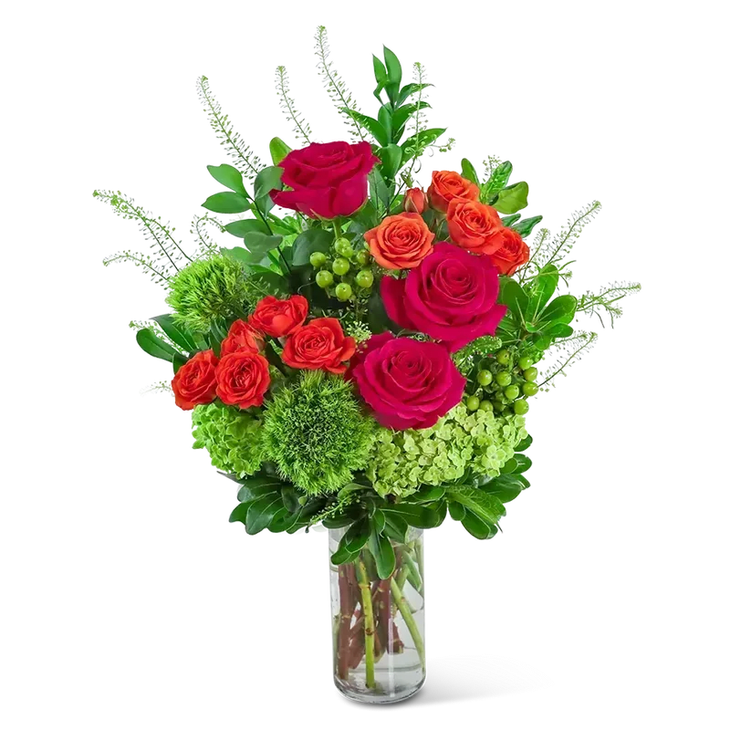 Citrus Garden - Citrus Garden will bring a burst of vibrant energy with its exquisite combination of hot pink, orange, and green hues. This stunning floral arrangement, set in a clear vase, features a blend of Roses, Green Trick Dianthus, Hydrangea, and Hypericum Berry, accented with premium foliage. It makes the perfect birthday or get-well gift, with its cheerful charm.