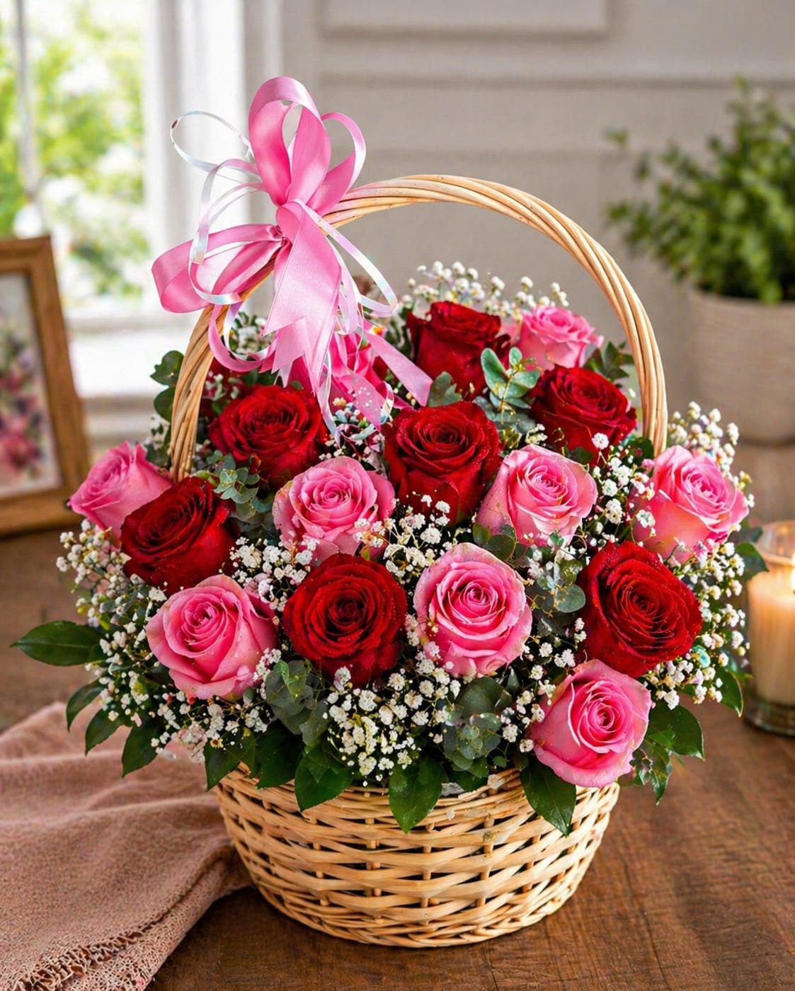 Sweet Love Basket  - A lush wicker basket overflowing with red and pink roses creates an instant romantic statement-perfect as a birthday bouquet, anniversary roses gift, or a heartfelt "thinking of you" surprise. The Sweet Love Basket reads as an everyday romantic arrangement that will make the person you're thinking of feel cherished and celebrated, whether you're marking a special date or brightening an ordinary day.  Tightly packed red and blush roses form a rounded, abundant centerpiece, softened by clusters of tiny white filler blooms and rounded green foliage for contrast and texture. A large pink ribbon bow tied to the handle adds a soft, feminine finish and makes the presentation feel polished and gift-ready. The natural wicker basket brings warmth and a classic look that suits love-themed or cheerful occasions.  This arrangement works beautifully for partners, close friends, or anyone you want to make feel genuinely seen-it's the sort of bouquet that reads as thoughtful and joyful the moment it arrives. Care: keep flowers in a cool spot away from direct sunlight and refill water daily to help the roses last longer.