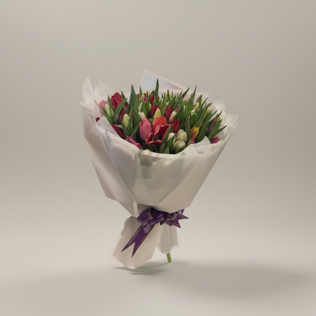 Tulips  - A dense, hand-tied tulip bouquet that feels like a fresh spring morning-tight, elegant tulip heads in pink, red, white and touches of purple and green create a cheerful, romantic arrangement perfect for a birthday, anniversary, or simply to say "I'm thinking of you." The mostly closed to just-opening blooms give a lively yet orderly texture that looks polished the moment it's delivered and will continue to open gently over the next few days.  This bouquet is gathered into a rounded, compact shape and wrapped in translucent white paper with a purple ribbon for a refined gift presentation. Sturdy green stems and upright buds give the arrangement good structure; colors range from soft pinks and whites to vivid reds with subtle yellow tones and purple accents. Ideal for spring gifting or personal celebrations, the bouquet arrives ready to place in a vase-trim stems, refresh the water daily, and remove any foliage below the waterline to keep blooms looking their best.