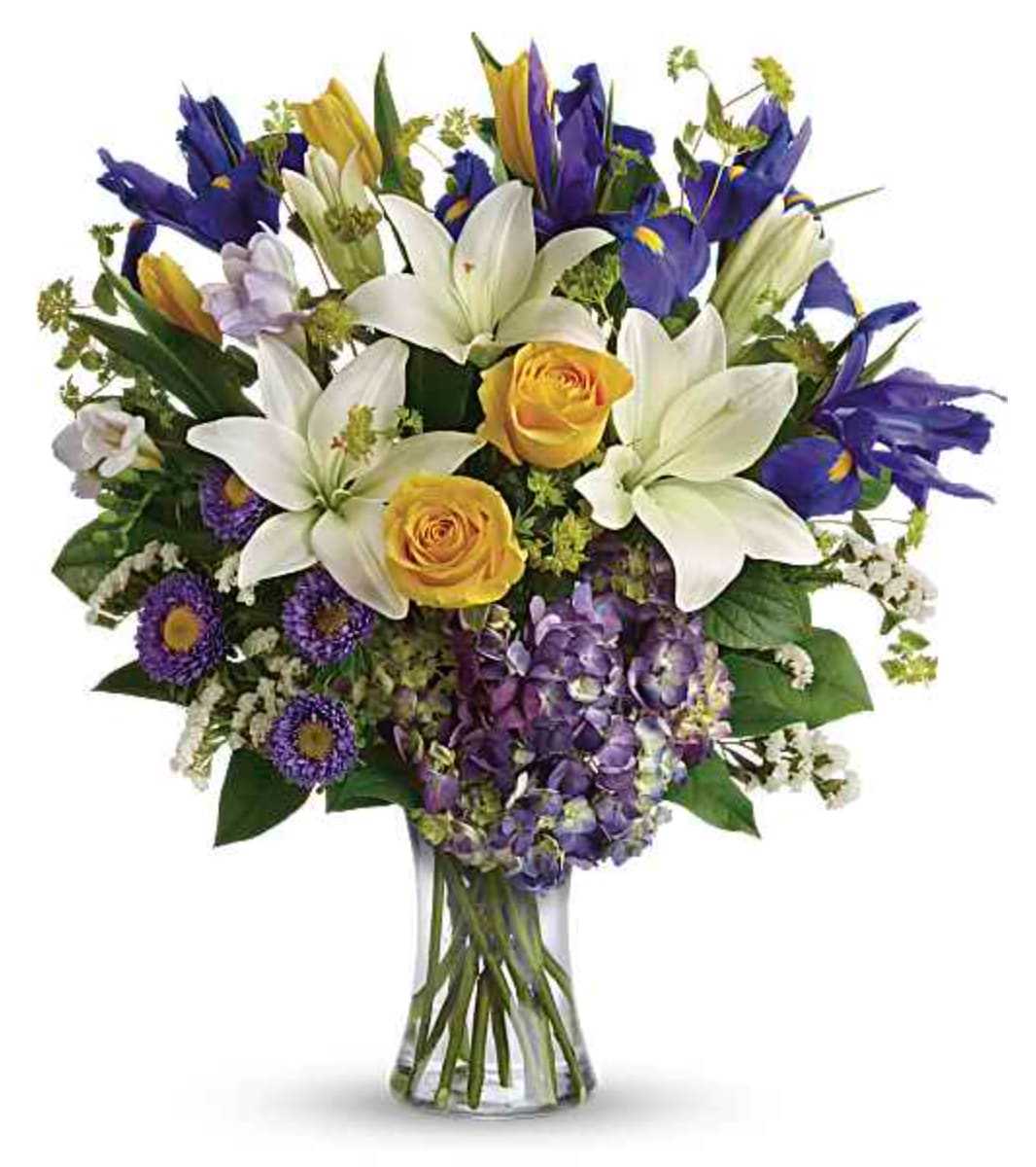 Floral Spring Iris Bouquet - Inspired by the sky on a bright spring day, this glorious bouquet of luxurious purple, yellow, white and blue blooms is a breath of fresh air! The grand gift is gathered in a graceful glass vase. Purple hydrangea, yellow roses, yellow tulips, white asiatic lilies, blue iris, lavender freesia, and lavender matsumoto asters are arranged with white sinuata statice, bupleurum, and lemon leaf. Orientation: All-Around  SUBSTITUTION POLICY – Always deliver the freshest flowers! Please note the bouquet pictured reflects our original design.  If the exact flowers or container in this arrangement are not available, our local florists will create a beautiful bouquet with the freshest available flowers.