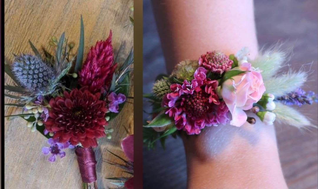 Corsage &amp; Boutonierre  - Burgundy Bliss, Maroon - Prom or Weddings  - A pair of wrist corsages crafted for prom, weddings, or any special celebration-these petite floral bracelets cluster pink, burgundy, lavender, and white blooms into a romantic, wearable bouquet. Compact rose buds and rounded chrysanthemum-like flowers create a soft, vintage-inspired look while airy pale-green and white textures add lightness and movement; the effect is delicate and celebratory so the person you're honoring will feel gracefully noticed.  Each corsage is sized to sit comfortably on the wrist and finished with satin ribbon and a coordinating wrist corsage band for secure, elegant wear. The mix of colors-soft pinks, deep burgundy, gentle lavender, and touches of white-pairs well with formal dresses and bridal party palettes. These are designed to be worn that same day; keep them cool and mist lightly with water before wearing to preserve freshness.