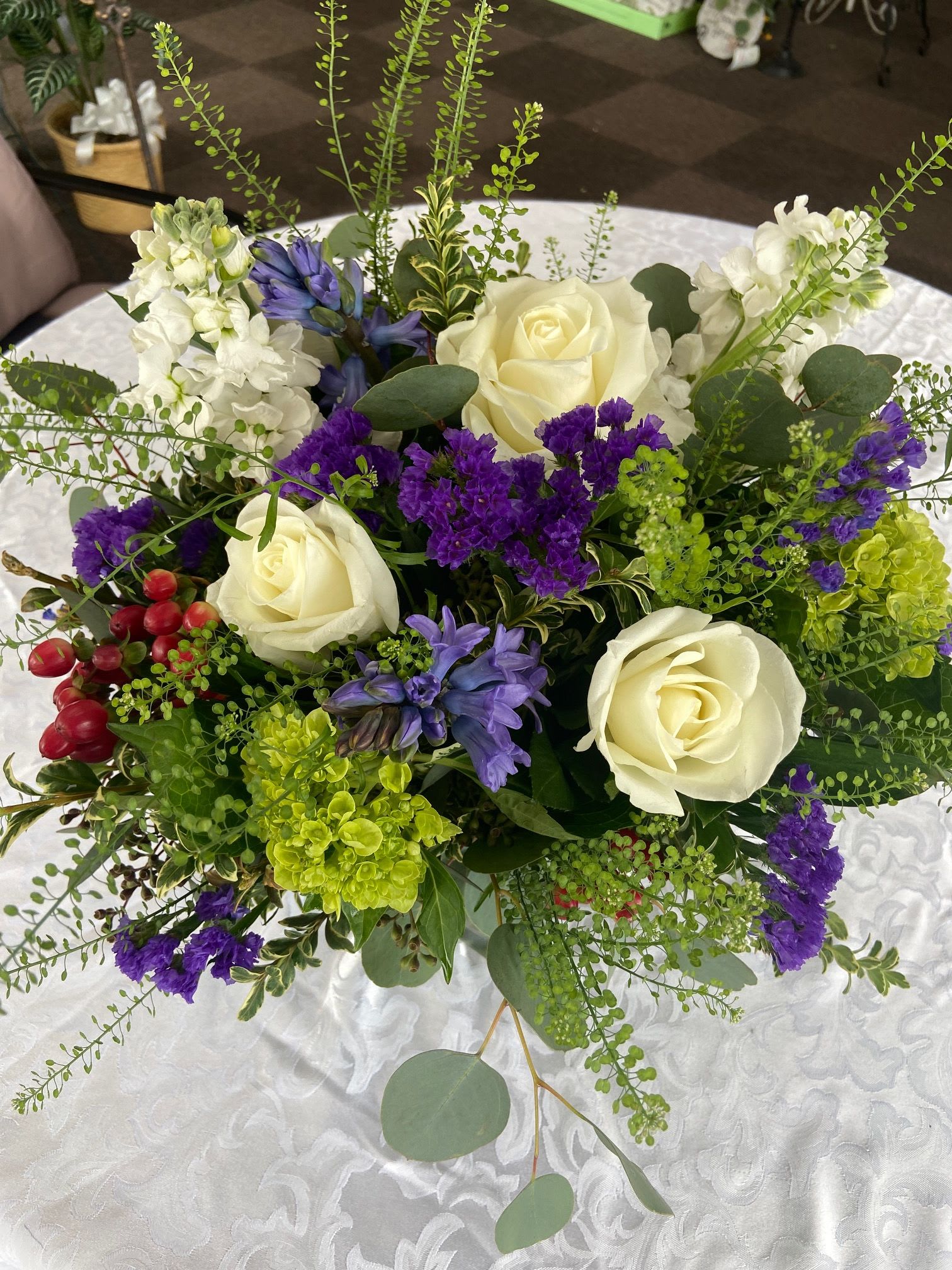 Sweet Sincerity Mother's Day Cube - Sweet Sincerity is a beautiful mix of roses, hyacinths, stock, hydrangea, and hypericum berries. It is sure to brighen up any mother's face on her special day.