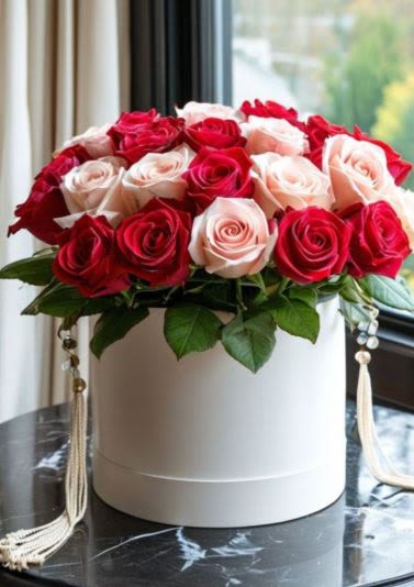Blush &amp; Passion Roses Box -  Pet Friendly? YES While Roses themselves are non-toxic to household pets, their stems often have sharp thorns that can cause physical injury if chewed.  Keep this arrangement on a high surface and avoid homes with curious cats or dogs.   Human Allergy Note No major allergy-triggering flowers noted. As a precaution, keep the arrangement in a well-ventilated area away from direct sleeping quarters.   Care &amp; Longevity To keep your roses vibrant, check the water level daily by gently feeling the floral foam inside the box; it should always stay moist. Add a small amount of water to the center of the arrangement, being careful not to splash the rose petals or the decorative box. Keep the display away from direct sun, heating vents, and drafty windows. Remove any fading blooms or leaves to maintain a clean appearance.    Best Occasions &amp; Situations  Romance/anniversary  Wedding’s  Birthday  Congratulations flower  Just because  Flower crowns  Thinking of you  Mother's day  Why Customers Love It Gift-ready presentation in a designer box—no vase required. Striking color balance between bold red and soft blush. Modern silhouette that fits perfectly on coffee tables or desks. Long-lasting blooms selected for their fresh feel and durability.