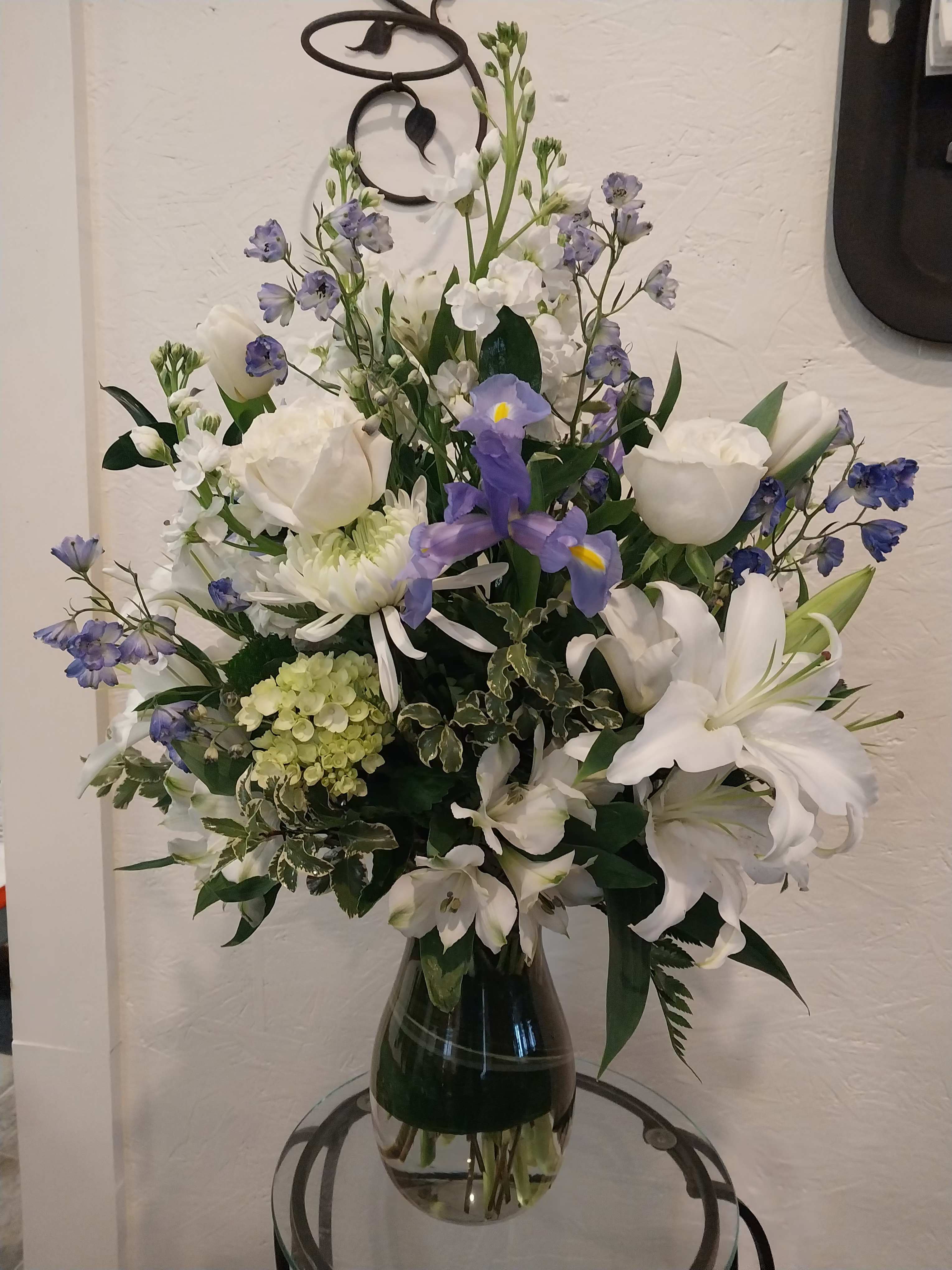 Summer Breeze  - White Lilies white Roses Peruvian lilies Blue Delphinium Blue Veronica Green Hydrangea  