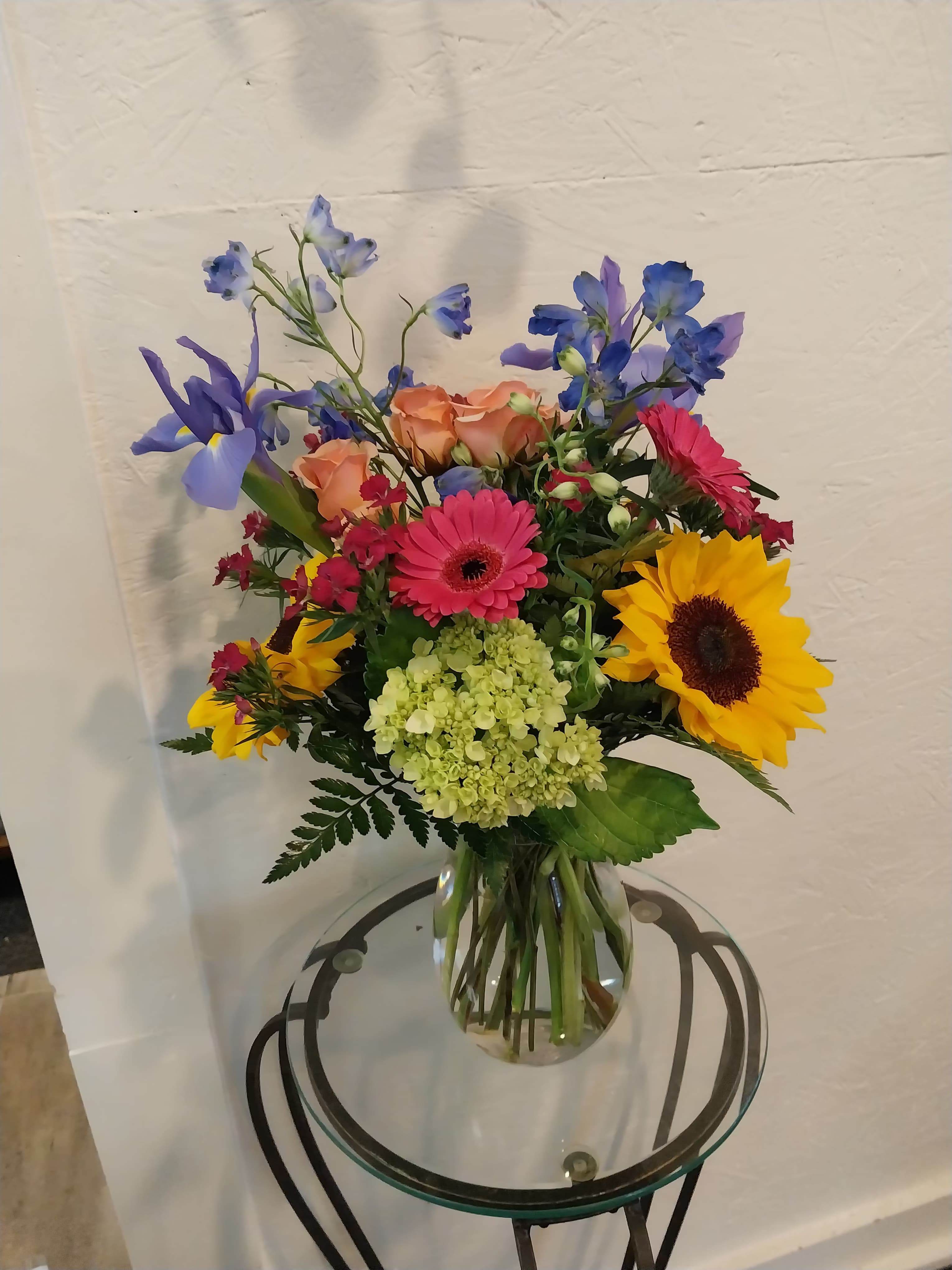 Summer Skies  - Sunflowers Blue Delphinium green Hydrangera And Peach Spray Roses 