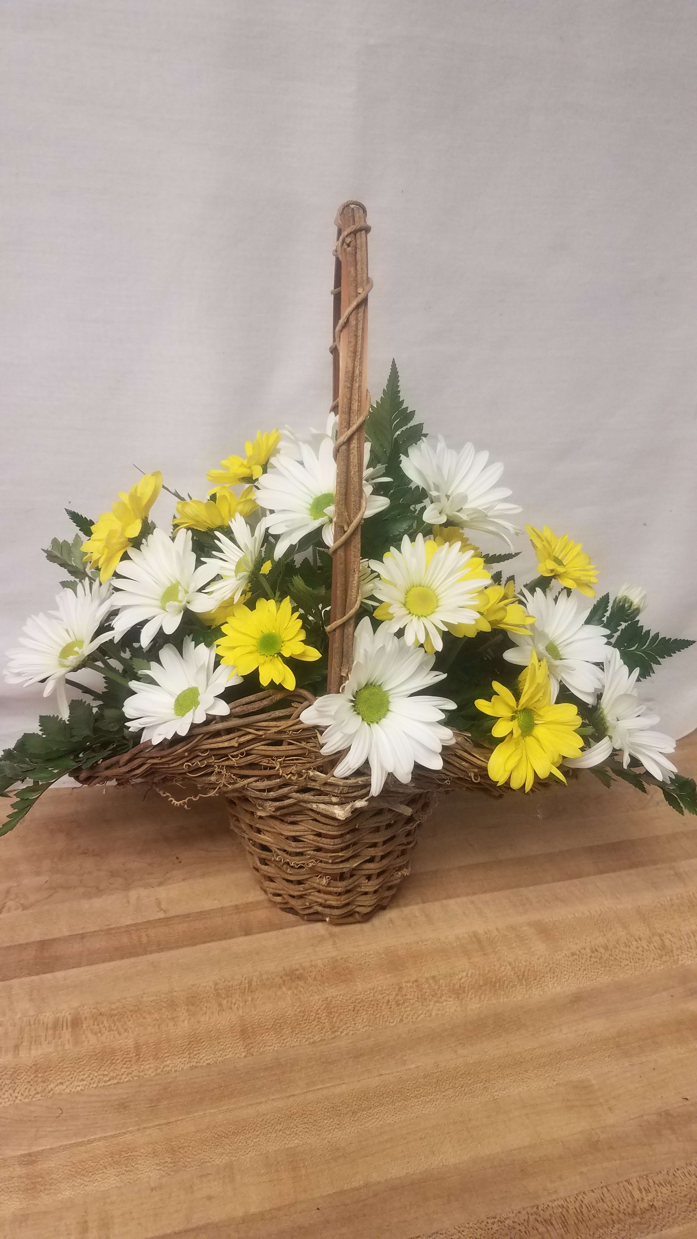 Say It With Daisies - Princess style basket with white and yellow daisies that say it all.  