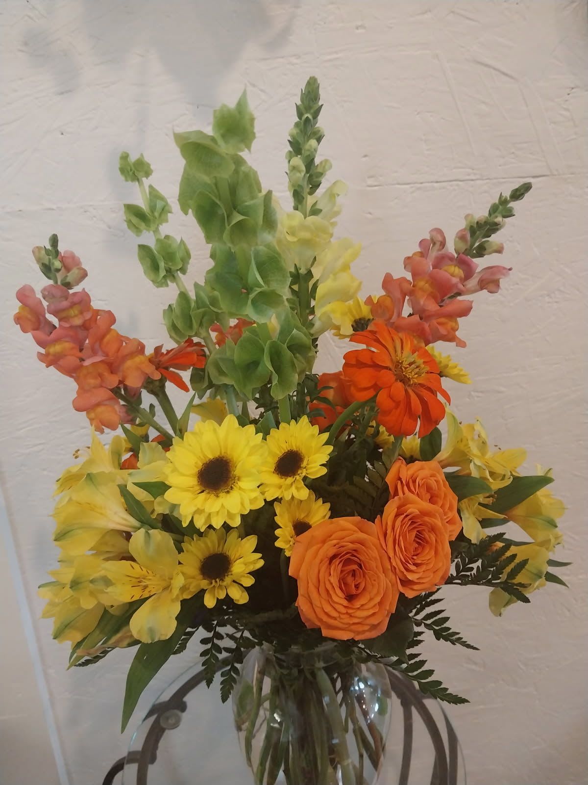 Lemonade  - Bells of Ireland Yellow Snapdragons Yellow Peruvian Lilies Viking poms Orange Gerberas Coral Spray Roses