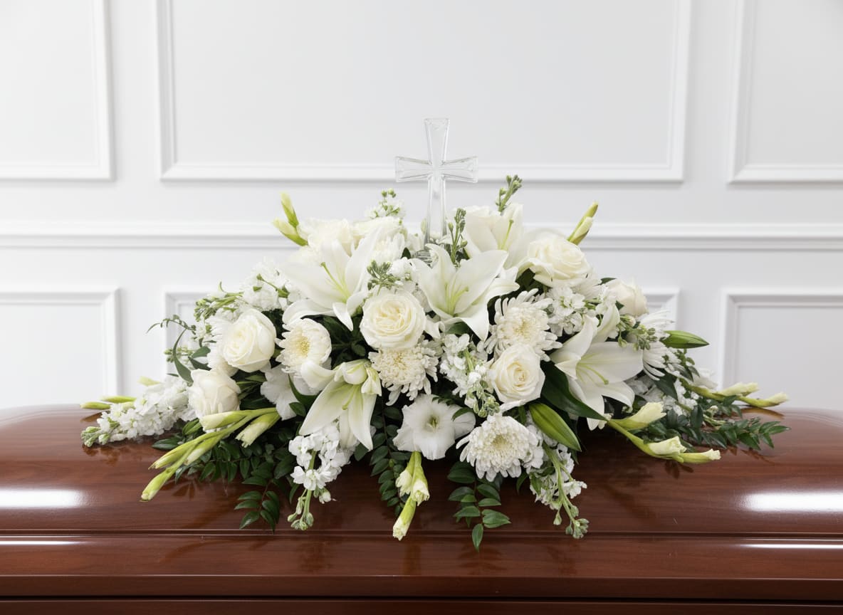 White Casket with Cross - Large white casket spray of lilies, roses and clustered blooms with clear acrylic cross centerpiece