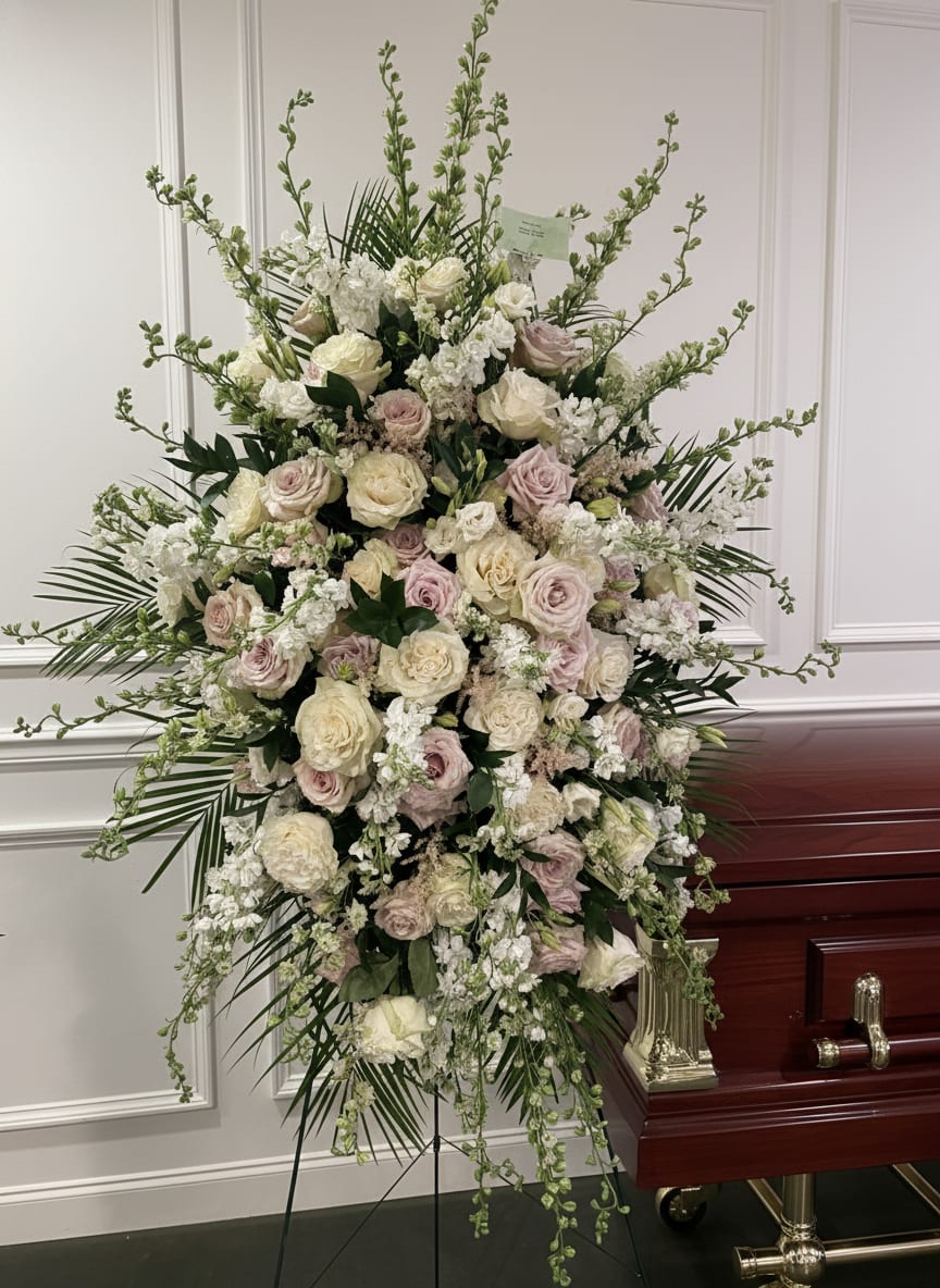 Pink and White Standing Easel - Large standing funeral spray of white and blush roses with greenery, mounted on an easel for display