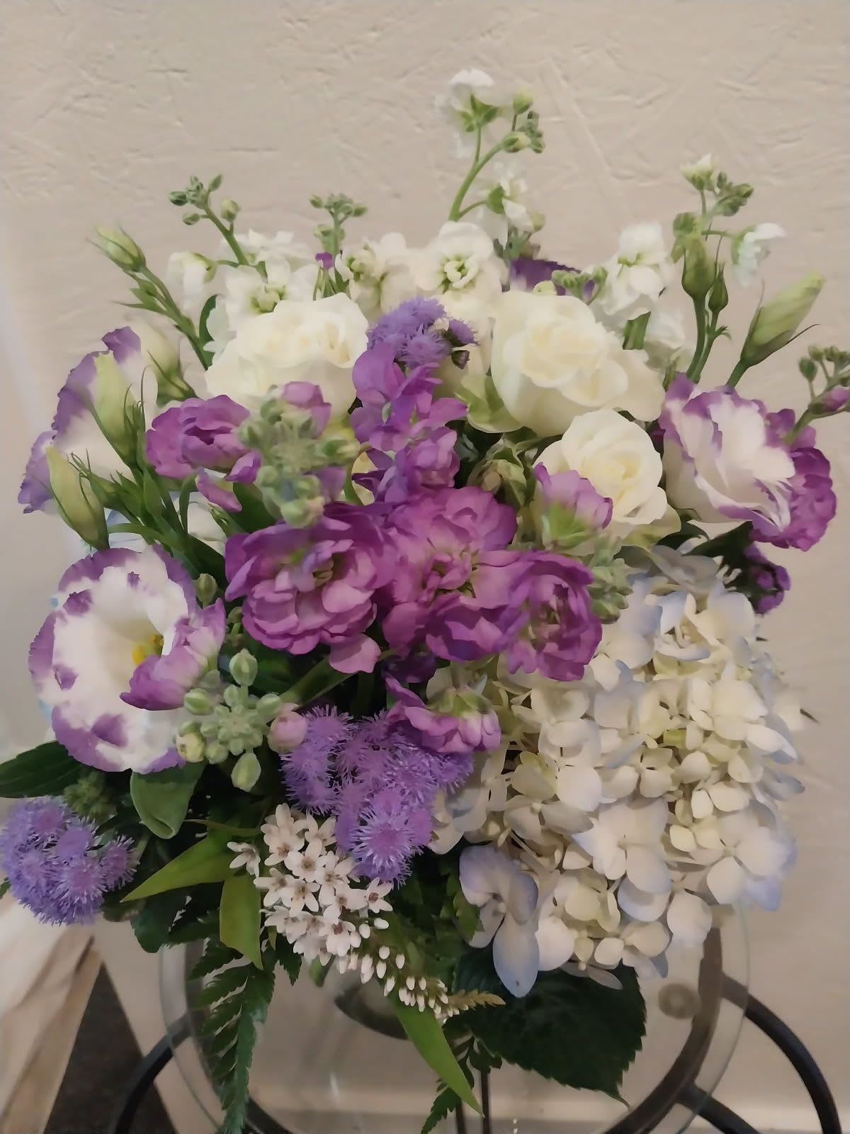 Lavender Meadows  - purple bicolor Lisianthus Lavender Stocks White Stocks White Spray Roses Blue Hydrangera  