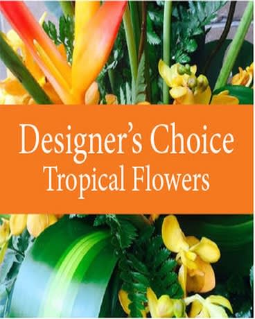 Tropical flower arrangement with orange and yellow blooms