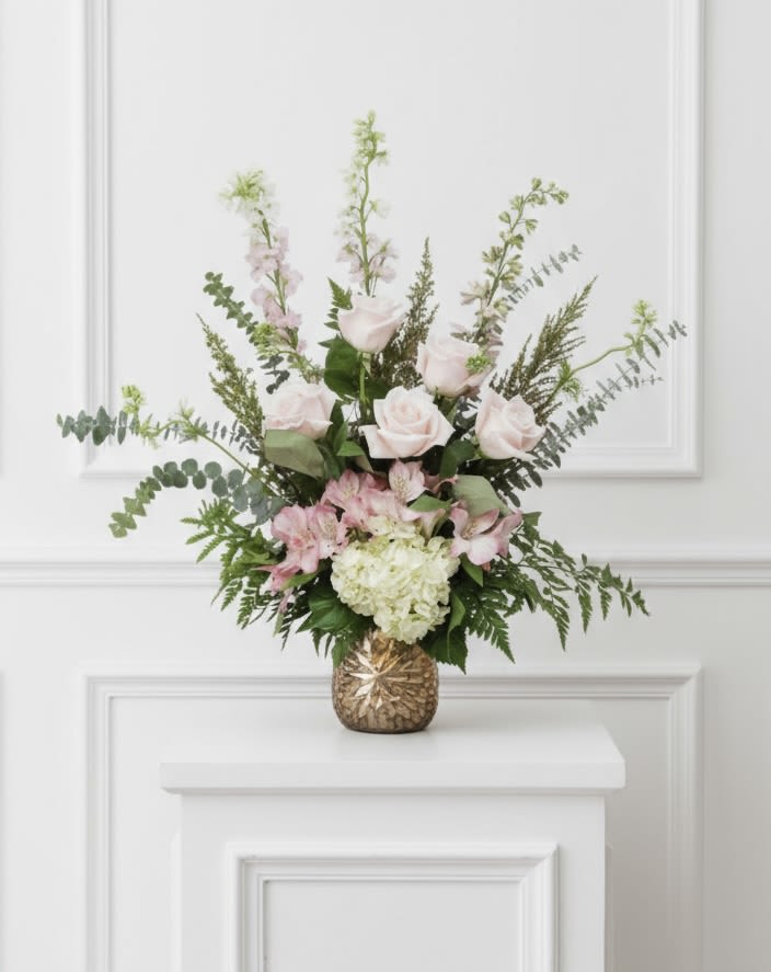 Vased Arrangement - Pale pink roses and alstroemeria with white hydrangea and greenery, arranged tall in a textured gold vase.