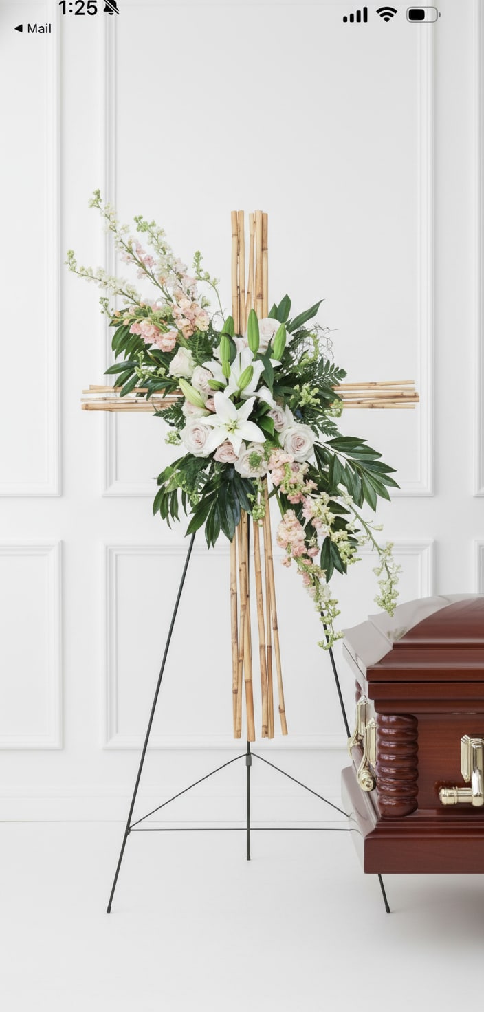 Rivercane Cross  - Standing spray on a bamboo easel with white lilies, blush roses and soft pink/white accents.